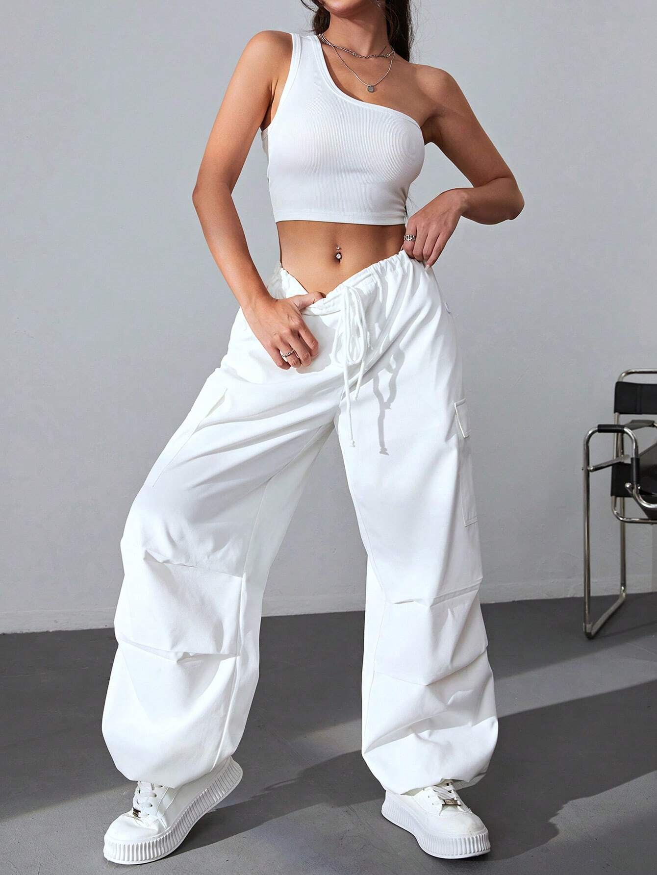 One Shoulder Top And Drawstring Cargo Pants – women's cargo pants front view