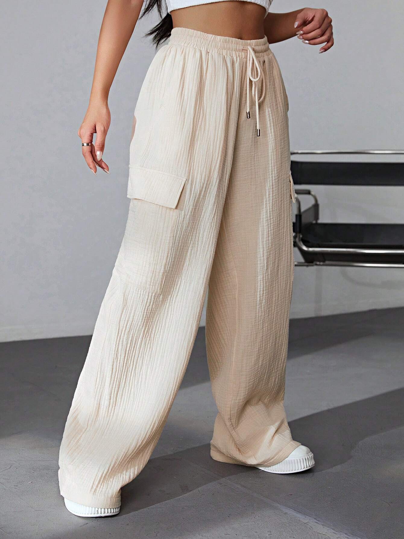 Side Pocketed Drawstring Waist Cargo PantsSide Pocketed Drawstring Waist Cargo Pants - Image 4