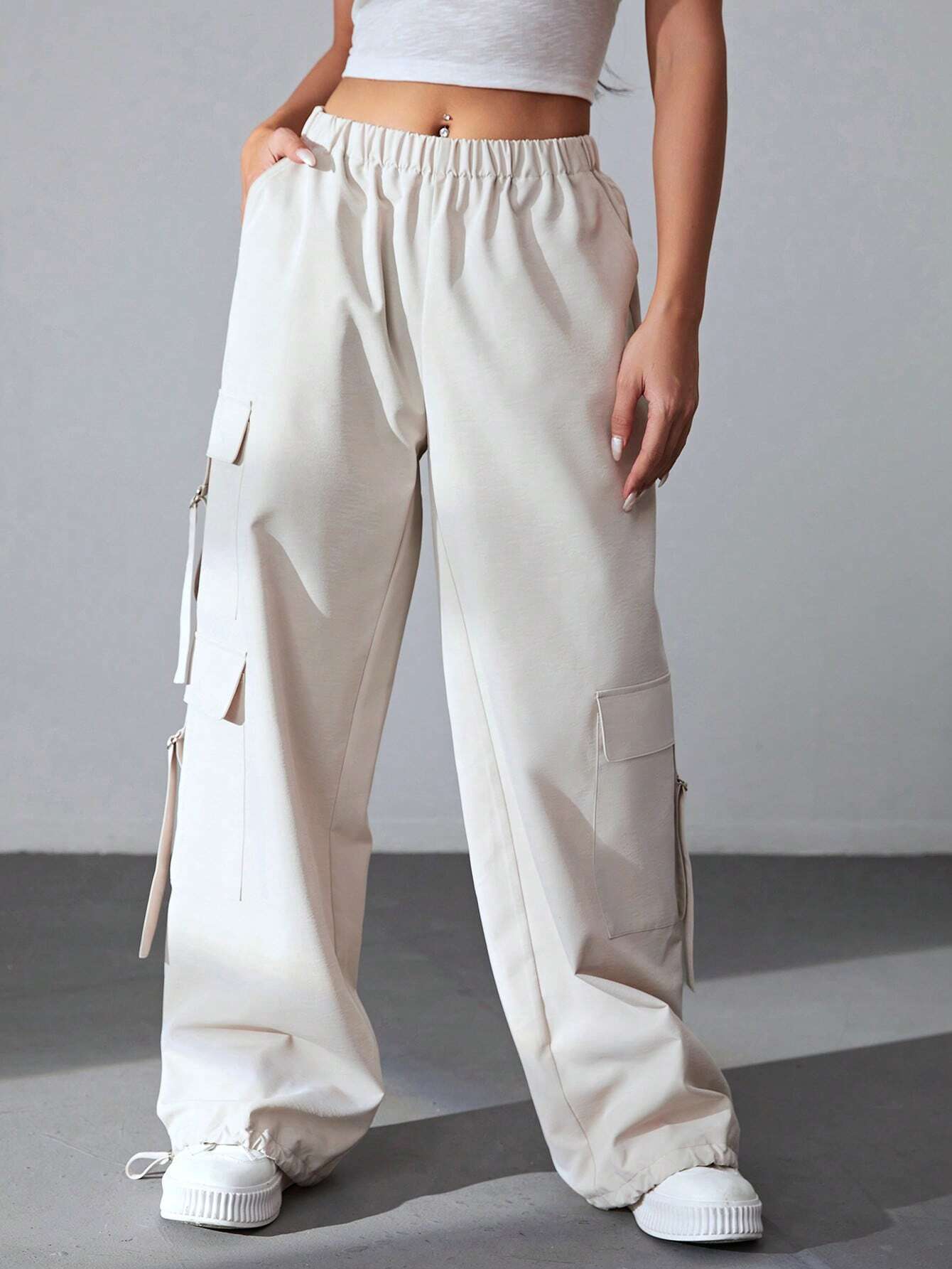 Flap Plain Side Pocket Casual Cargo Pants – women's cargo pants front view