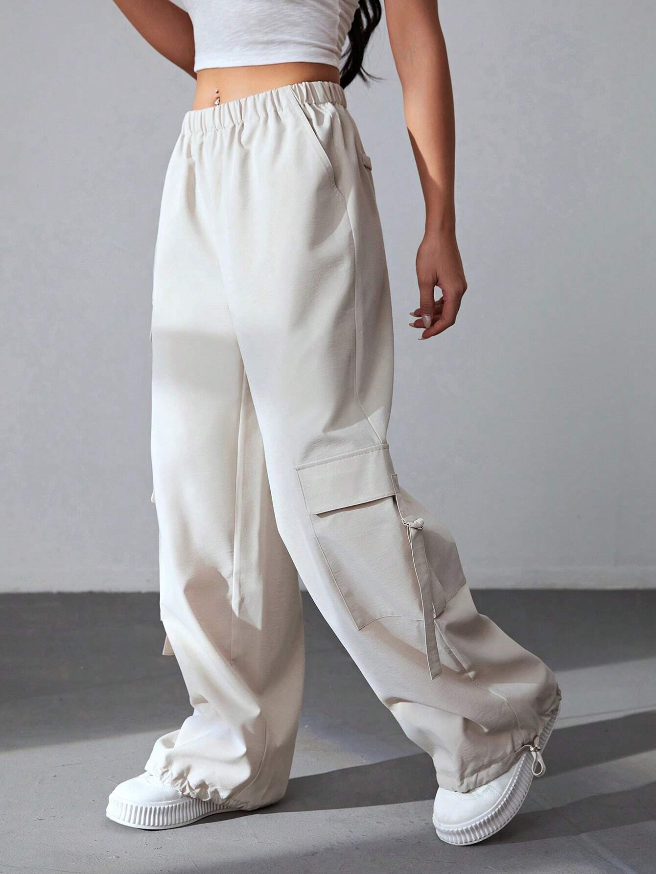 Flap Plain Side Pocket Casual Cargo Pants – waistband detail