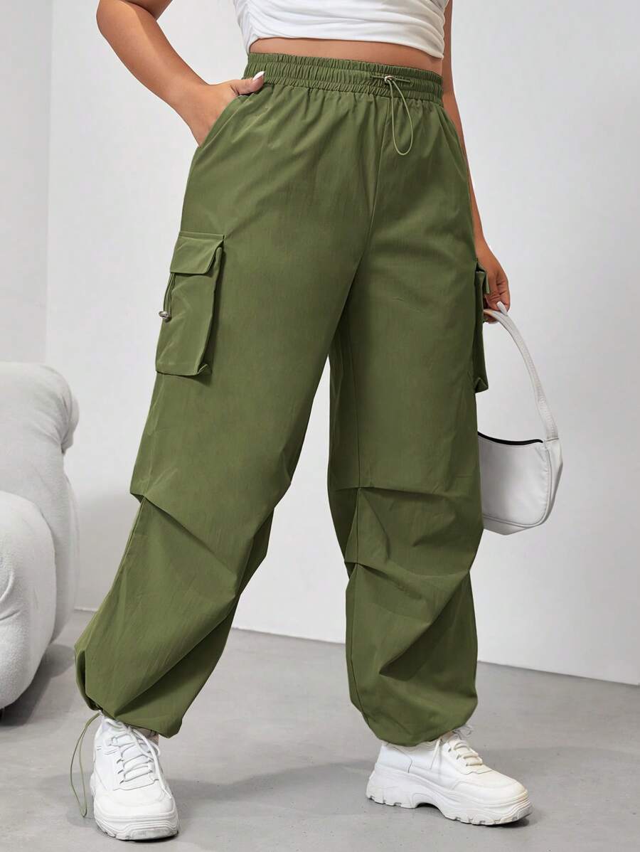 Flap Side Pocket Drawstring Waist Loose Cargo Pants – back view detail