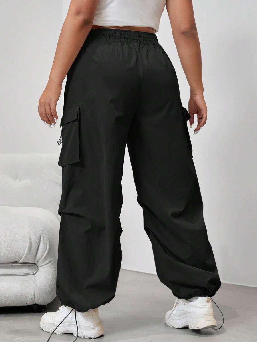 Flap Side Pocket Drawstring Waist Loose Cargo Pants – waistband detail