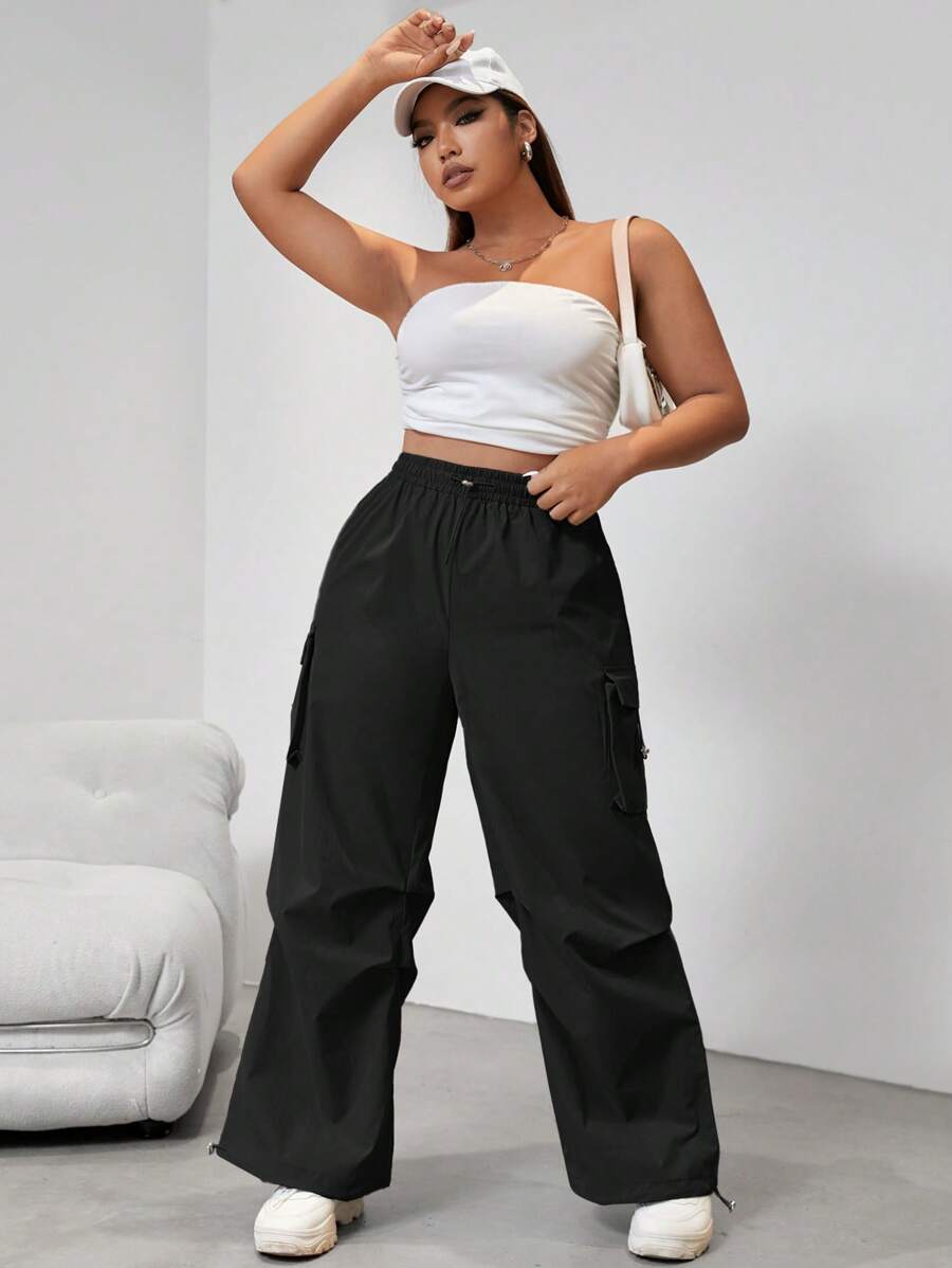 Flap Side Pocket Drawstring Waist Loose Cargo Pants – full length outfit view