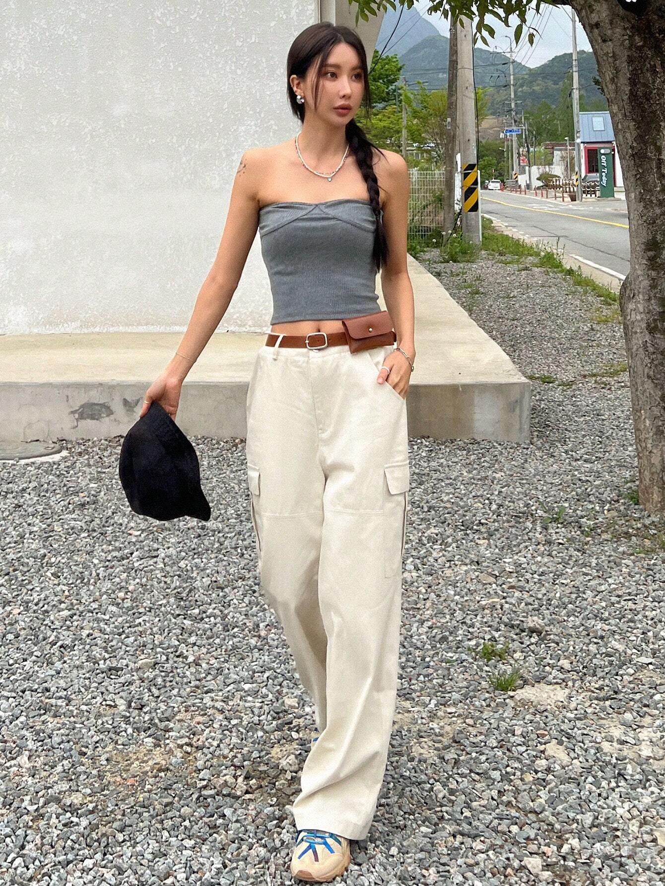 Casual Flap Side Pocket Plain Cargo Pants #ants – full length outfit view