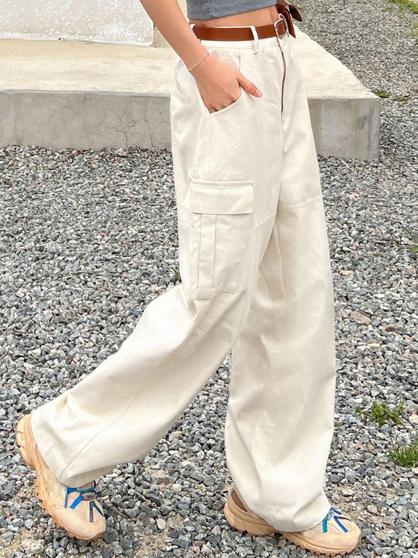 Casual Flap Side Pocket Plain Cargo Pants #ants – back view detail