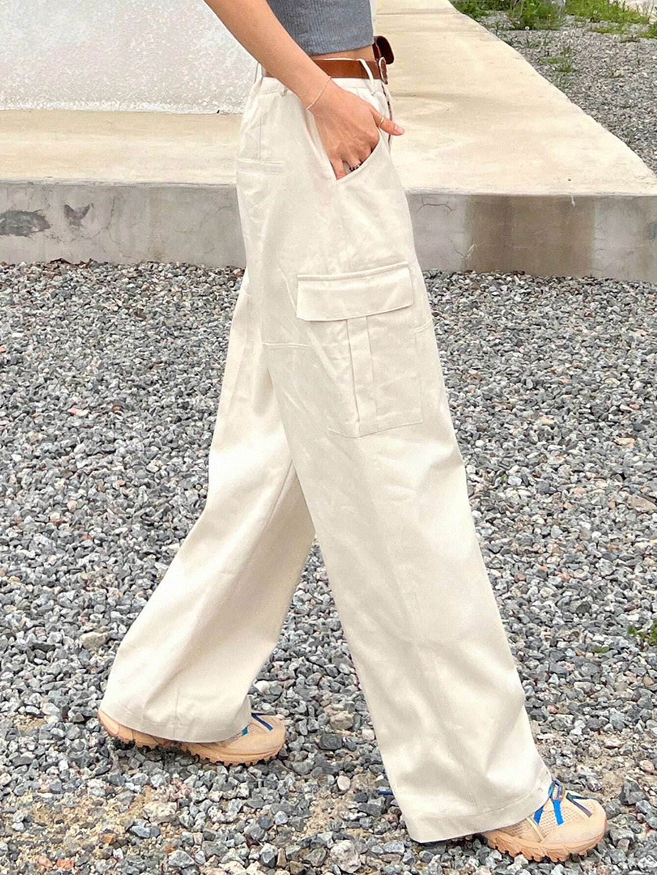 Casual Flap Side Pocket Plain Cargo Pants #ants – pocket detail close-up