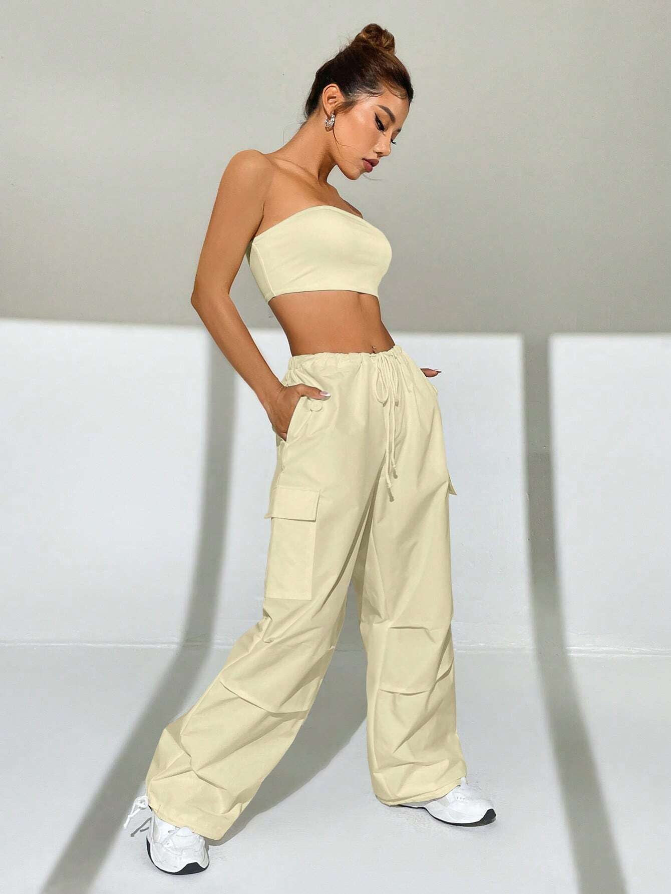 Solid Colored Tube Top With Cargo Pants – lifestyle view 12