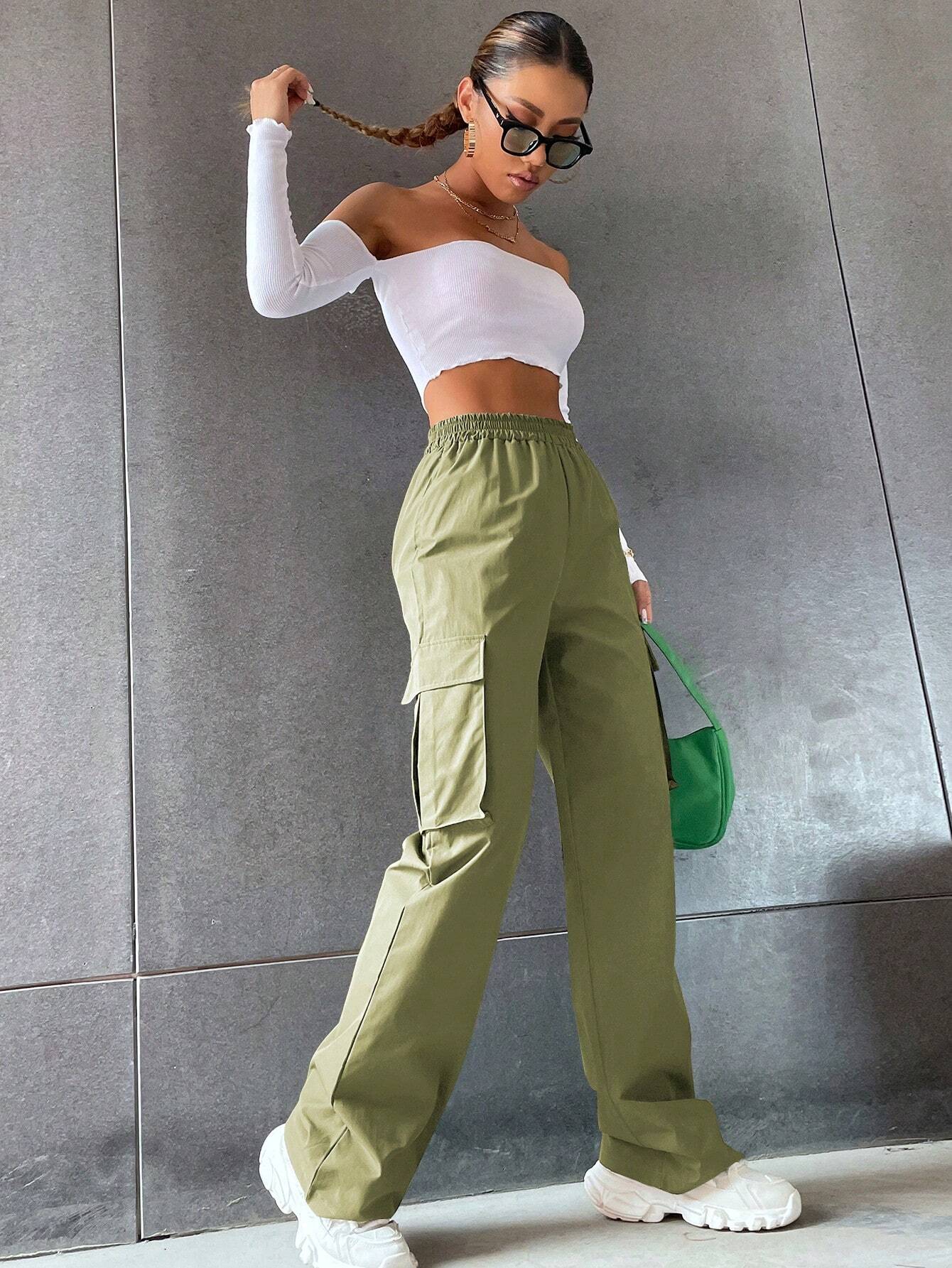 Versatile Flap Pocket Side Cargo Pants in Brown – fabric detail close-up