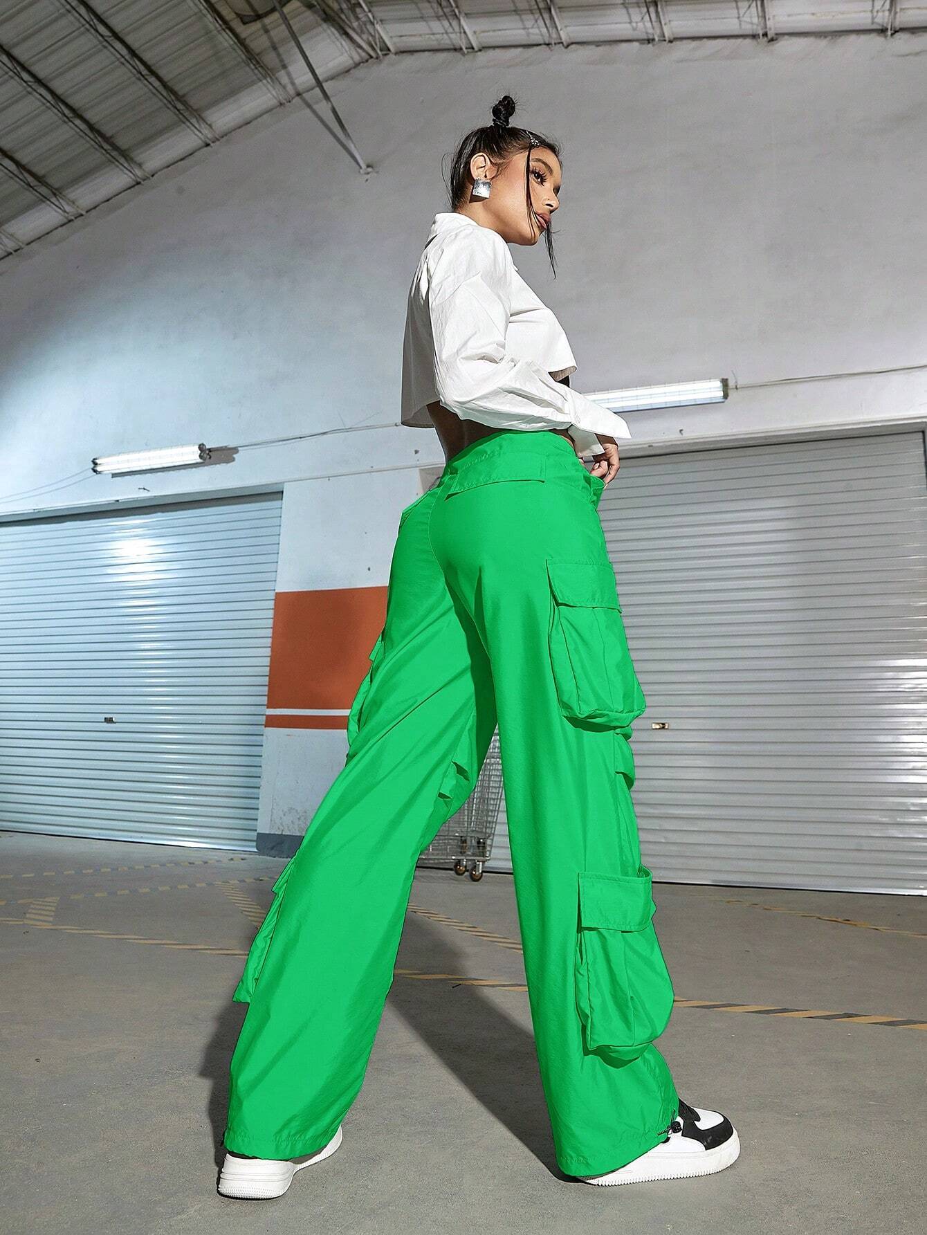Drawstring Ruched Cargo Parachute Pant – side profile view