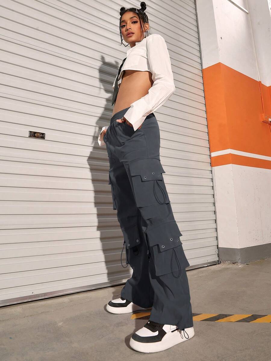 Flap Pocket Drawstring Hem Cargo Parachute Pants – lifestyle view 12