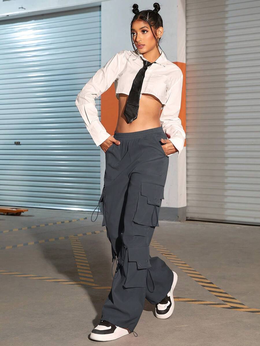 Flap Pocket Drawstring Hem Cargo Parachute Pants – styled outfit view