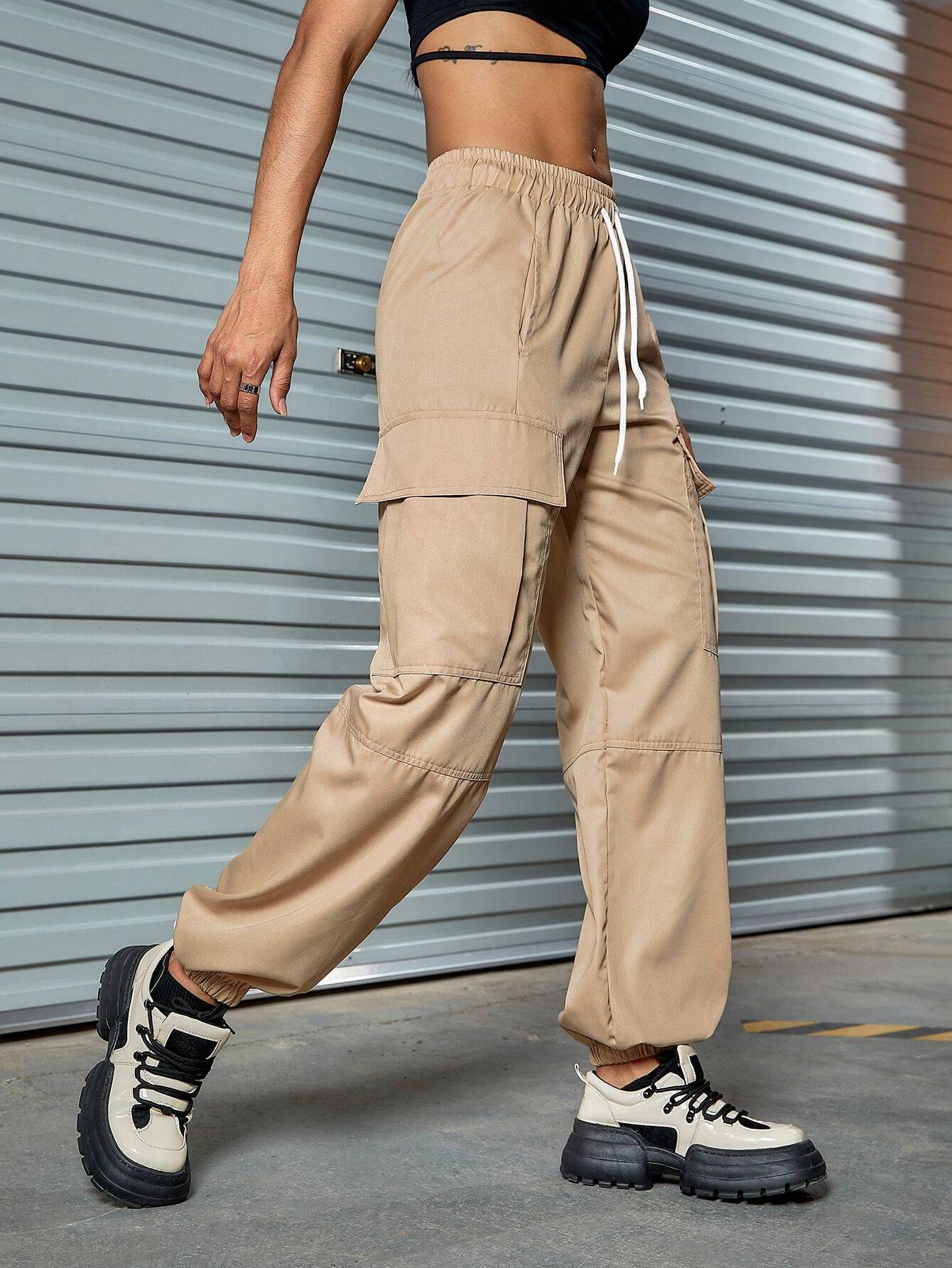 Drawstring Cargo Pants With Letter Patched – full length outfit view