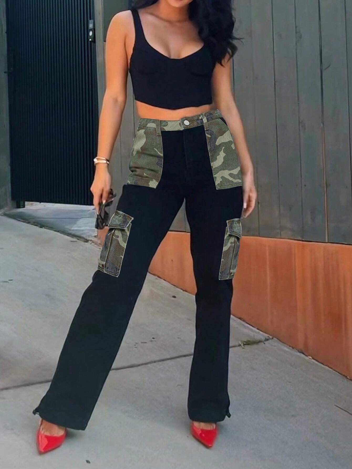 Camo Print Flap Pocket Side Cargo Jeans Style 2 – women's cargo pants front view