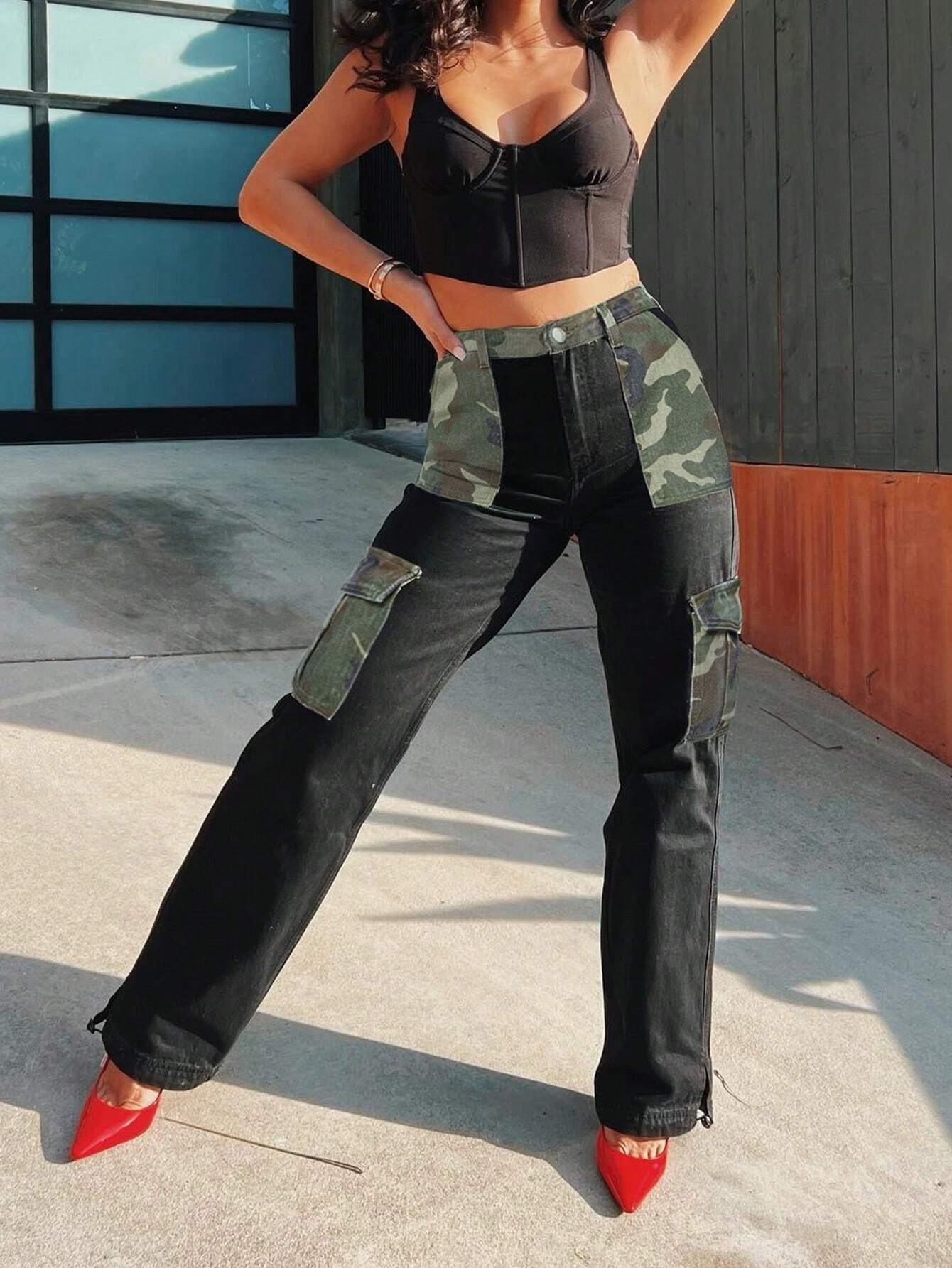 Camo Print Flap Pocket Side Cargo Jeans Style 2 – full length outfit view