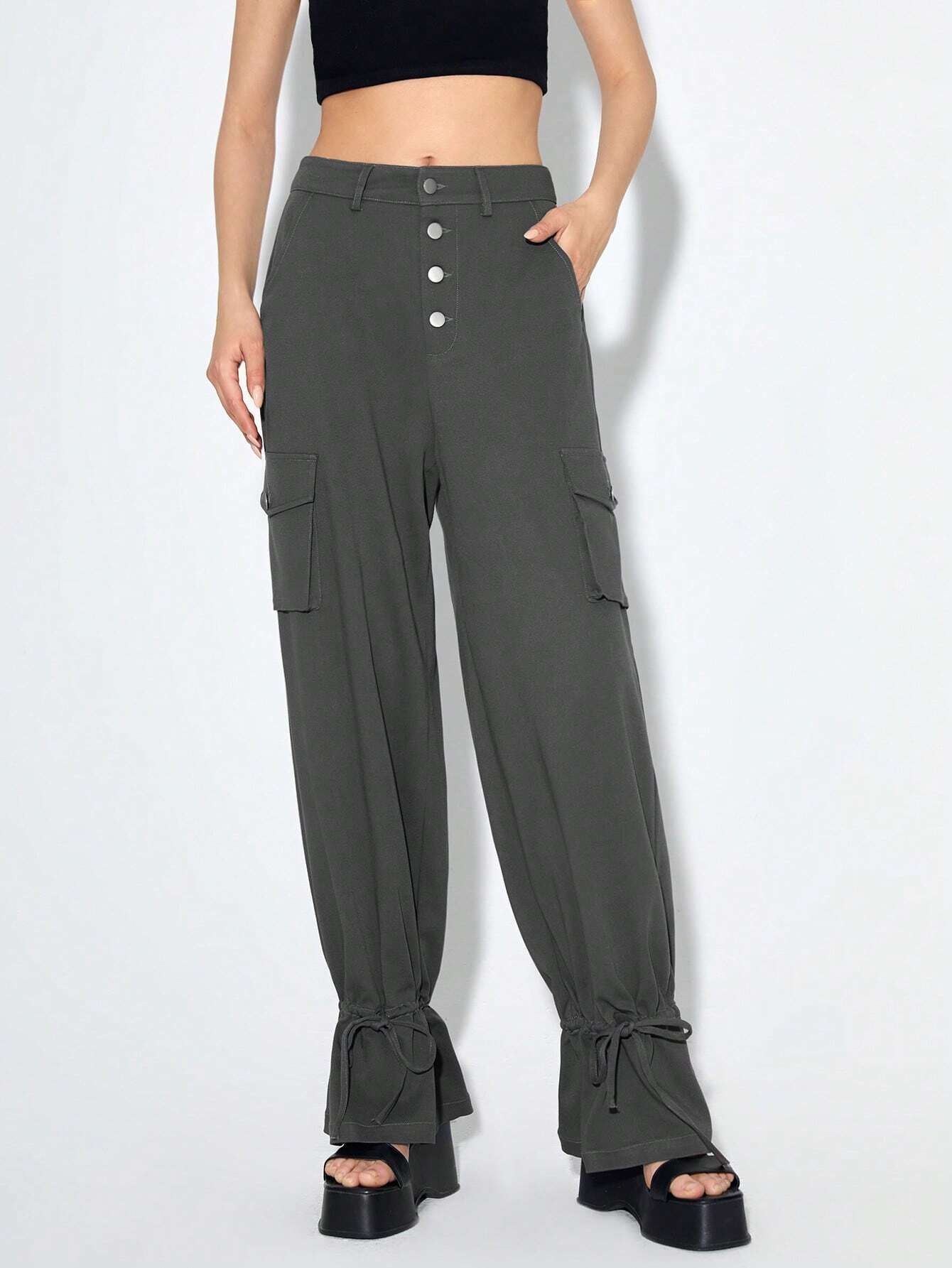 Flap Pocket Side Knot Hem Cargo Pants – back view detail