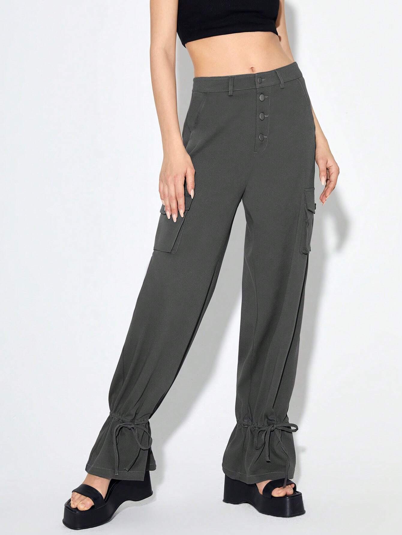 Flap Pocket Side Knot Hem Cargo Pants – side profile view