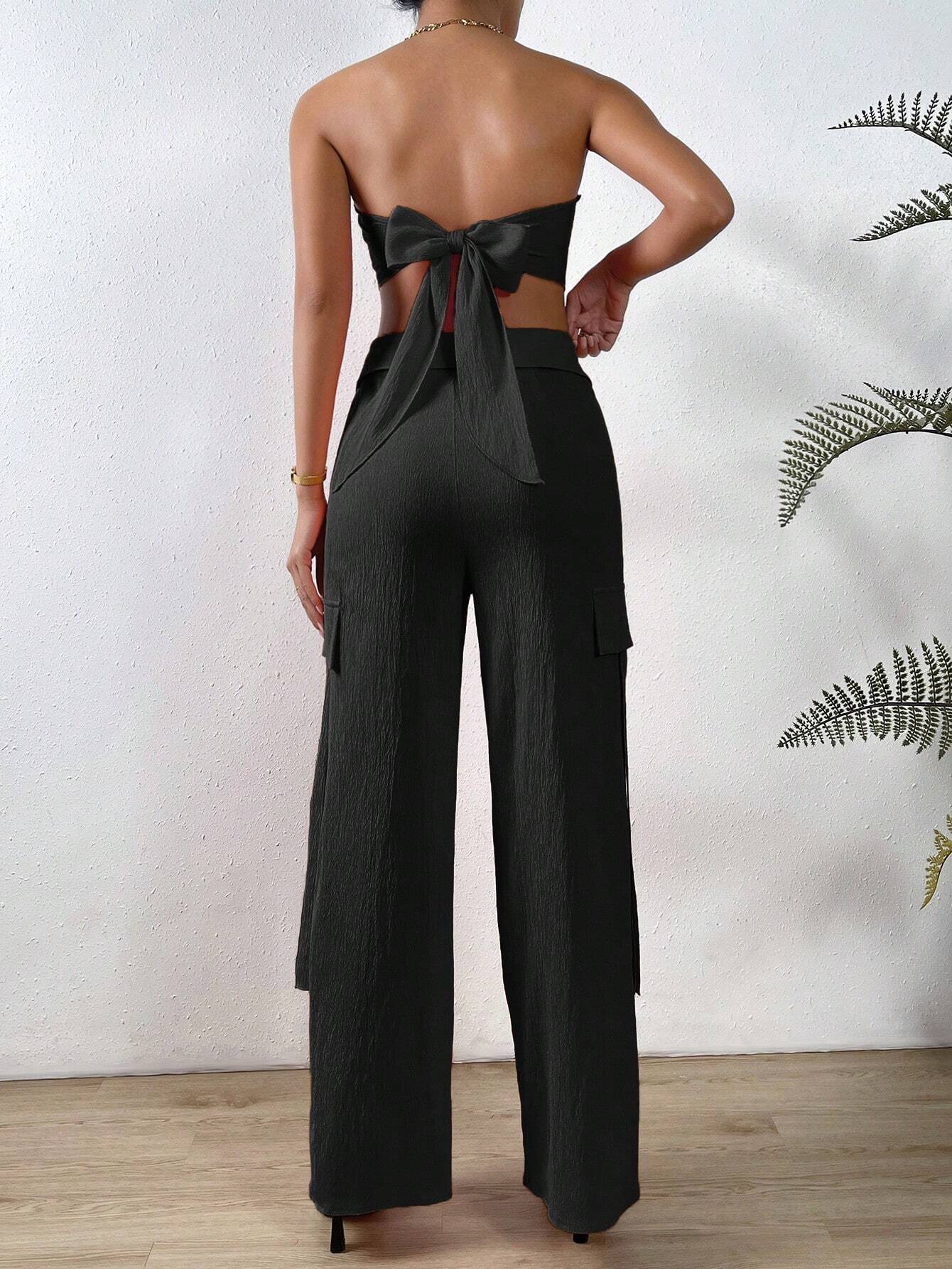 Solid Tube Top And Flap Pocket Side Cargo Pants – side profile view