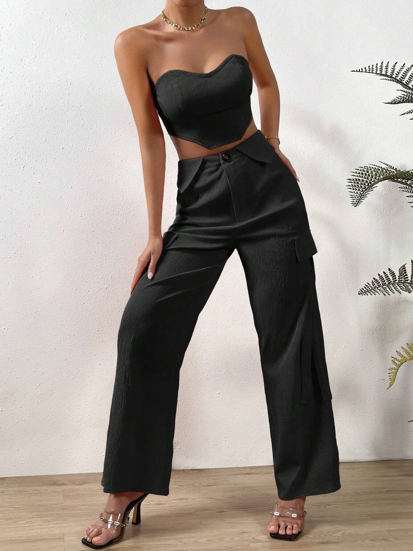 Solid Tube Top And Flap Pocket Side Cargo Pants – back view detail
