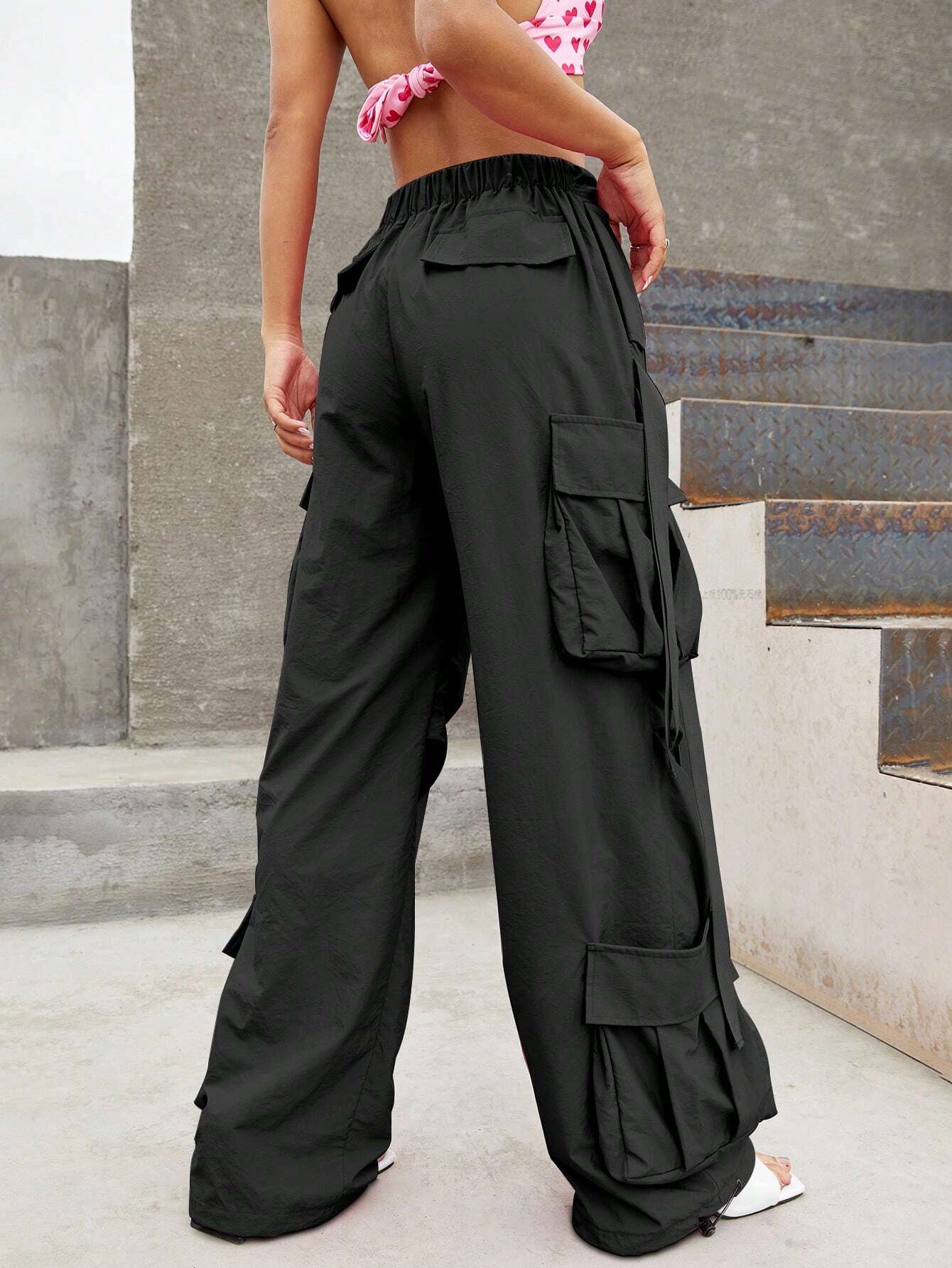Flap Pocket Side Cargo Pants in Black #s-24 – back view detail