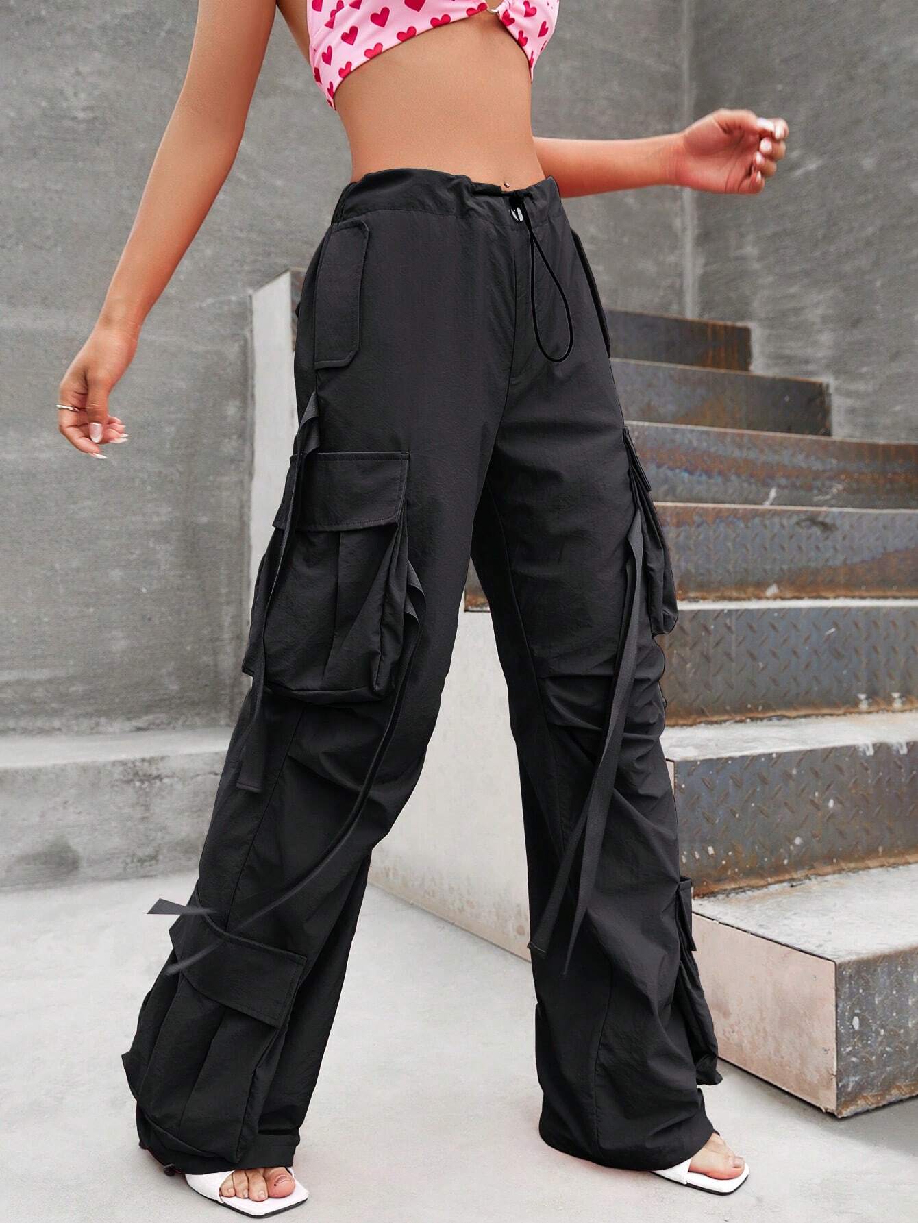 Flap Pocket Side Cargo Pants in Black #s-24 – pocket detail close-up