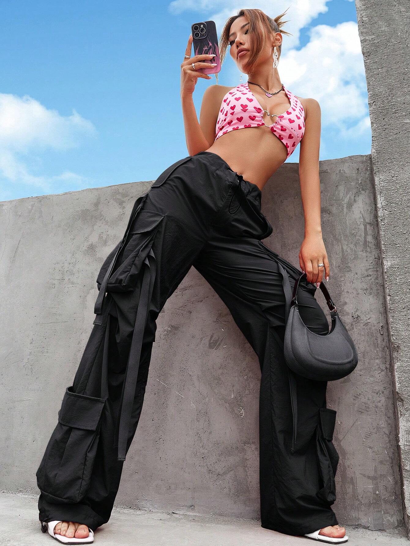 Flap Pocket Side Cargo Pants in Black #s-24 – waistband detail