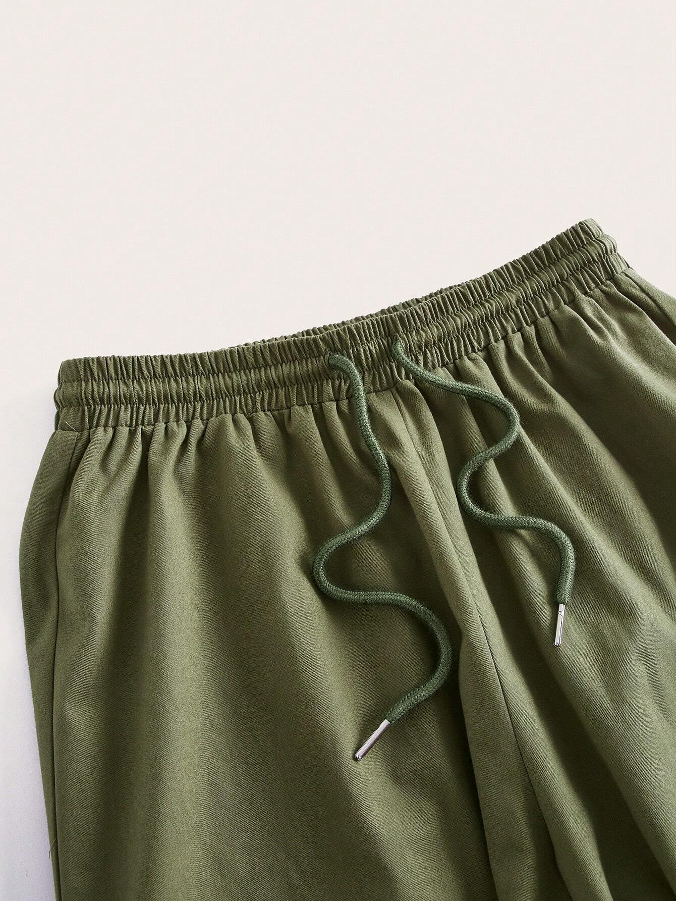 Drawstring Waist Green Cargo Pants – pocket detail close-up