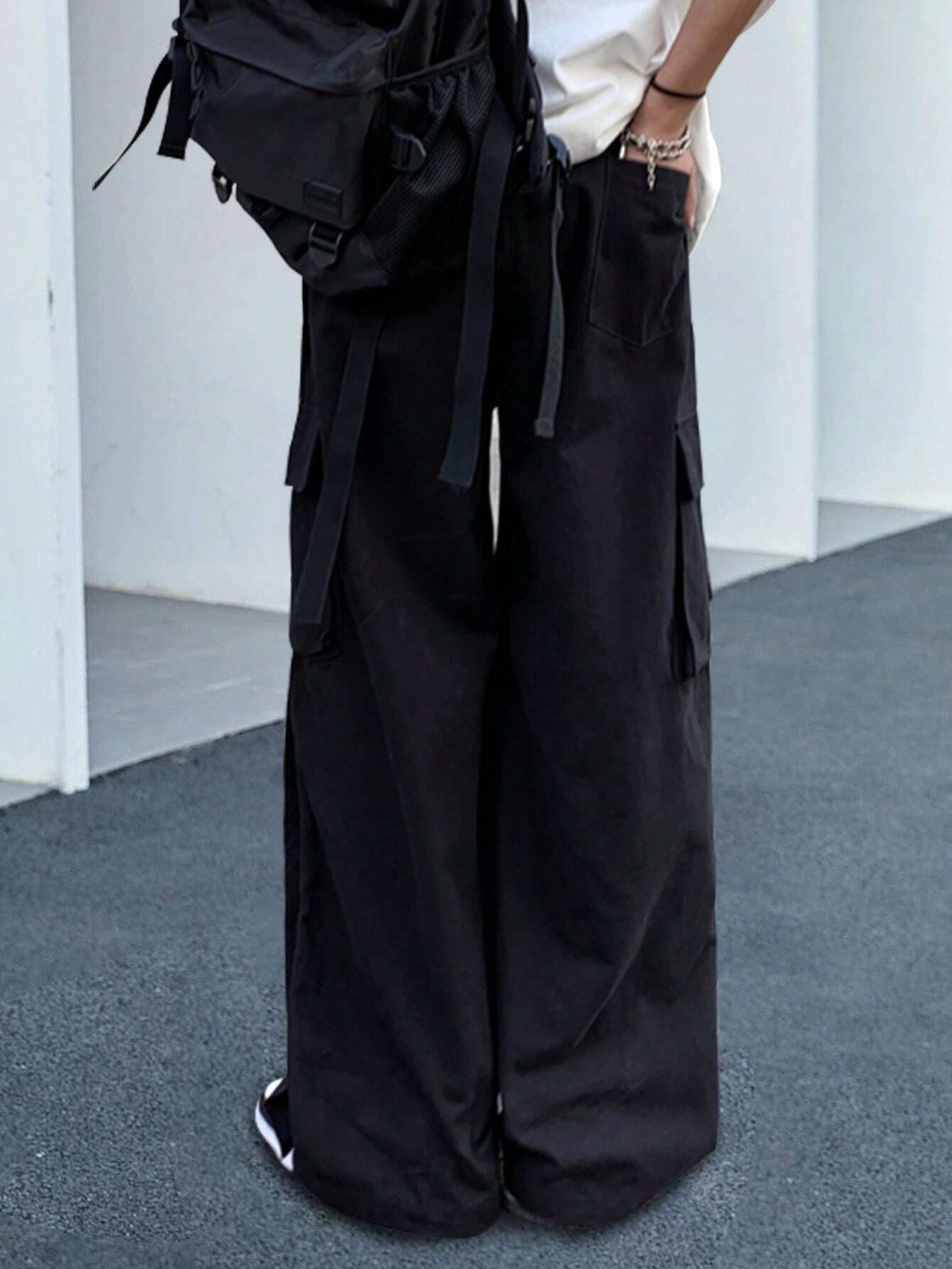 Side Flap Pocket Drawstring Waist Cargo Pants – side profile view