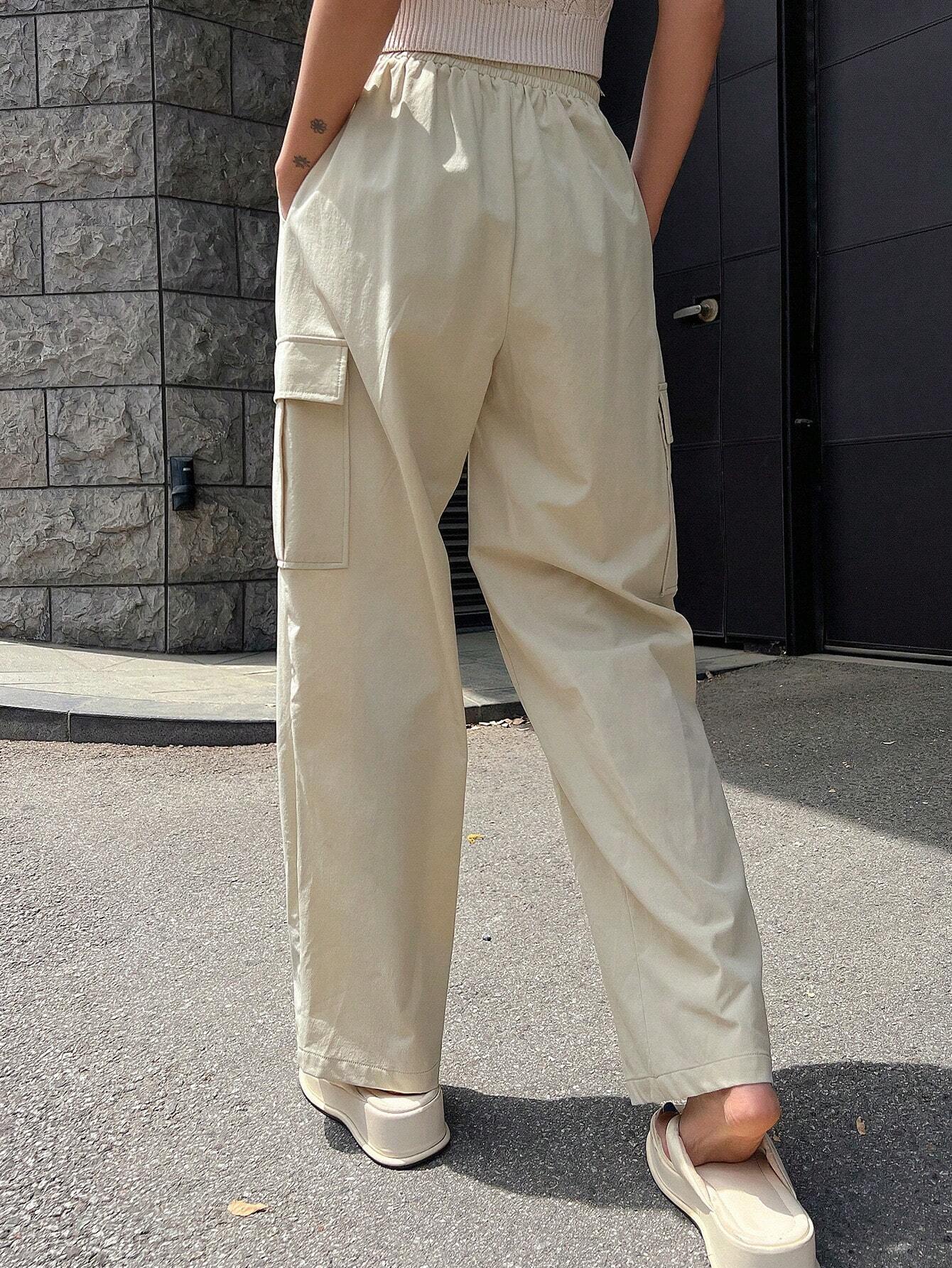 Solid Color Drawstring Waist Flap Pocket Side Cargo Pants – waistband detail