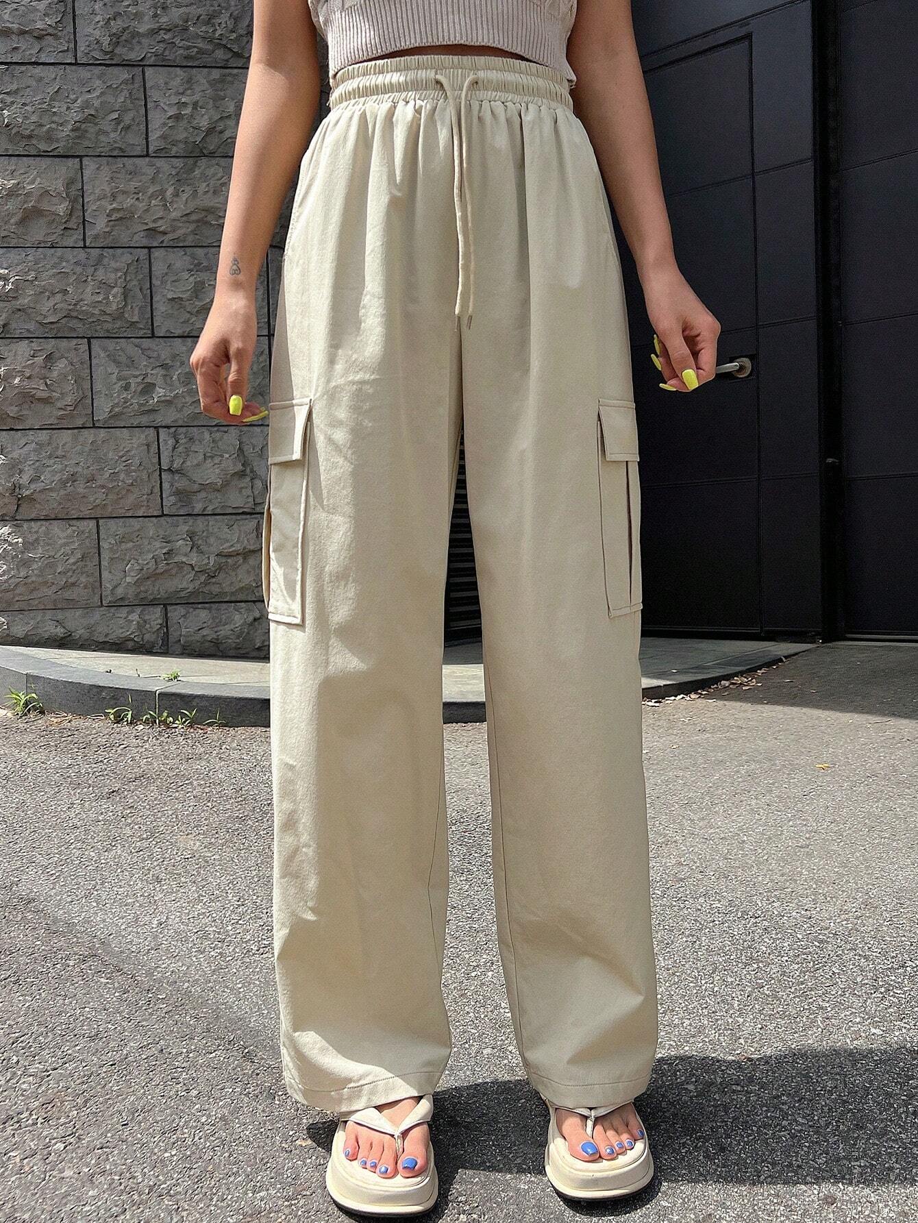 Solid Color Drawstring Waist Flap Pocket Side Cargo Pants – full length outfit view