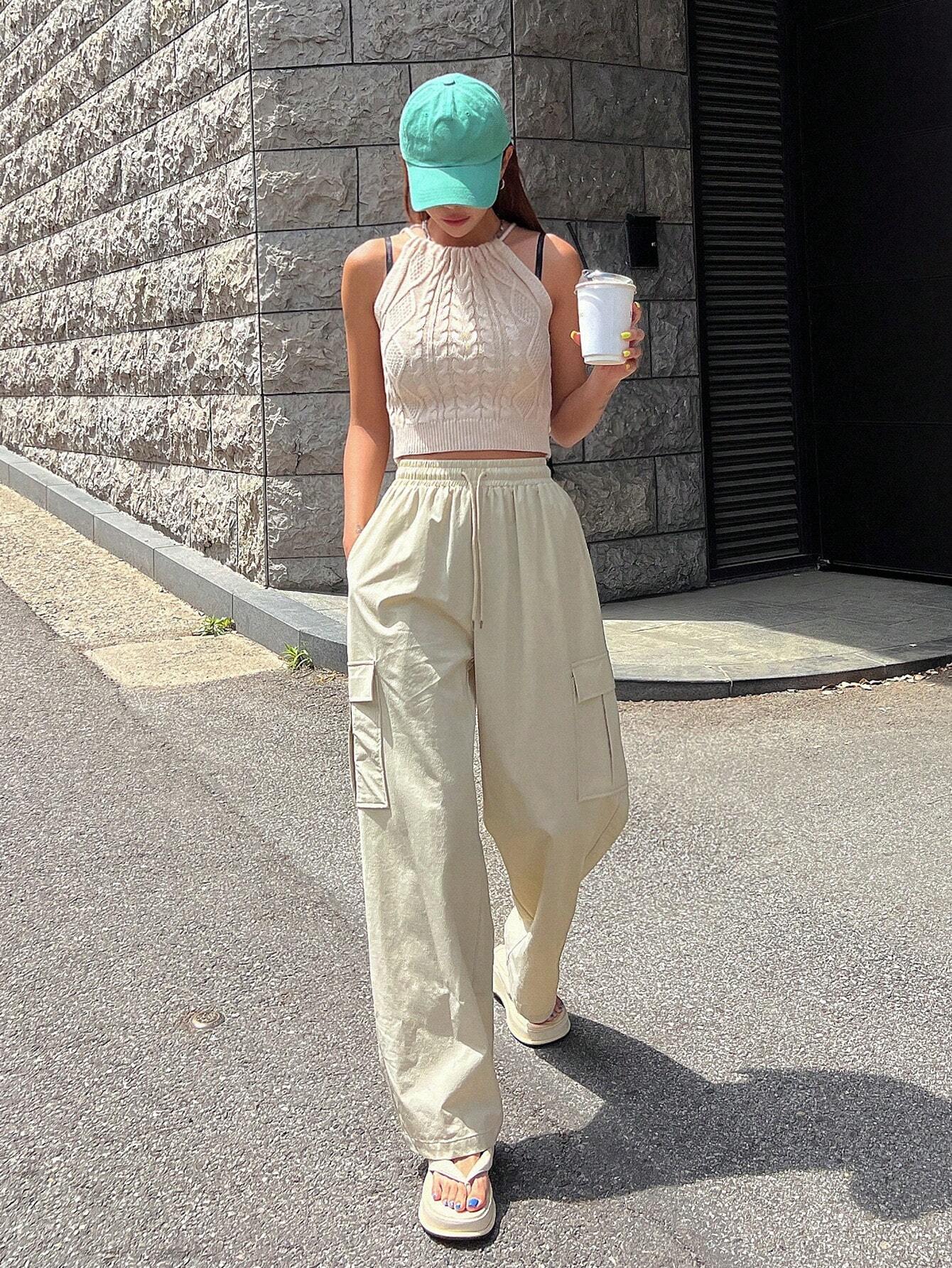 Solid Color Drawstring Waist Flap Pocket Side Cargo Pants – side profile view