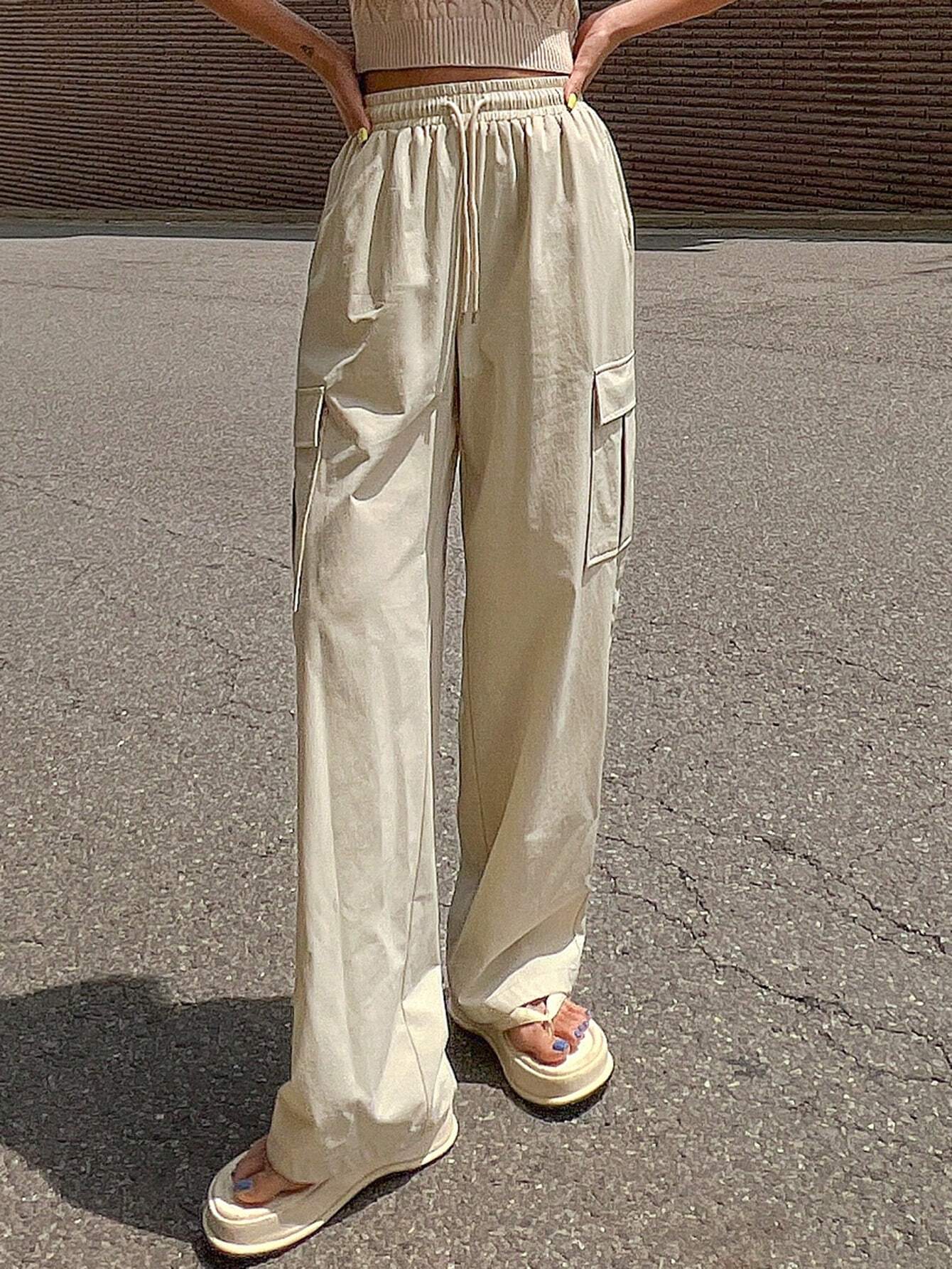 Solid Color Drawstring Waist Flap Pocket Side Cargo Pants – styled outfit view