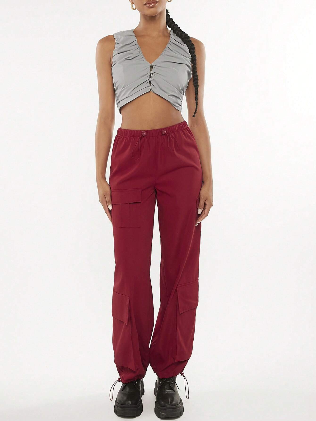 Loose Fit Drawstring Cargo Pants – side profile view