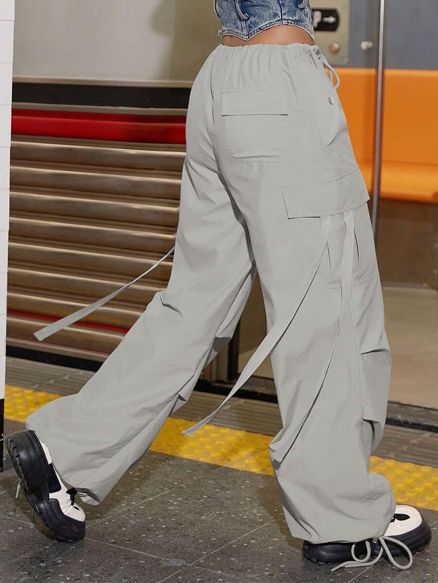 Street Vibes 90s Flap Pocket Drawstring Hem Cargo Parachute PantsStreet Vibes 90s Flap Pocket Drawstring Hem Cargo Parachute Pants - Image 25