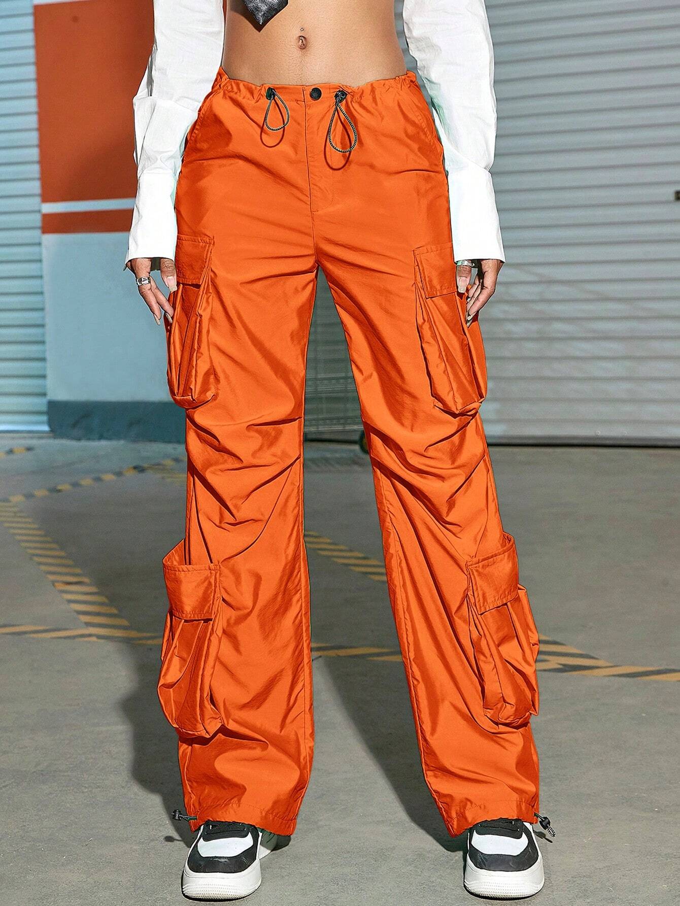 Street Style Ruched Parachute Cargo Pants – full length outfit view
