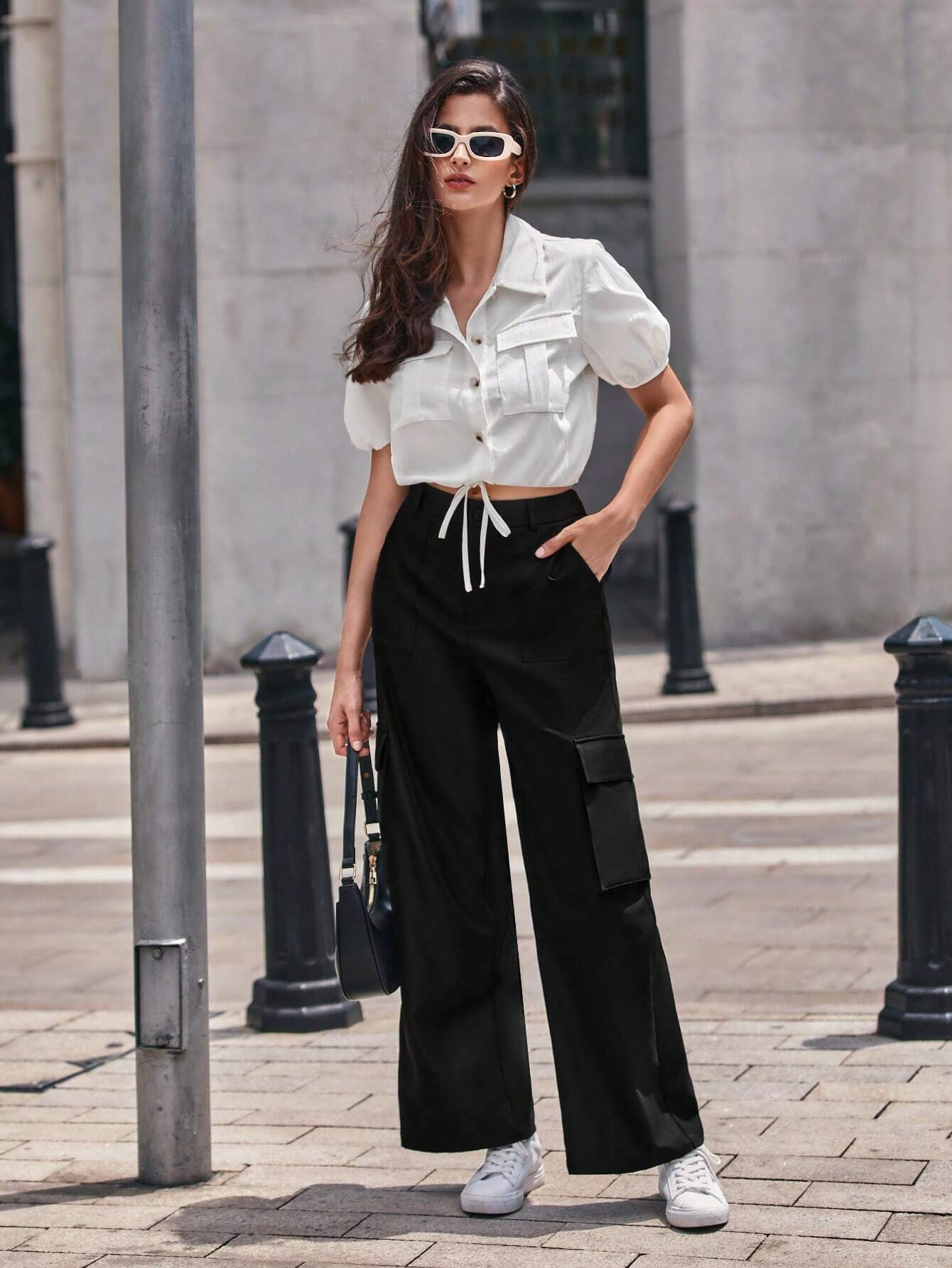 Casual Plain Flap Pocket Side Cargo Pants Style 1 – pocket detail close-up