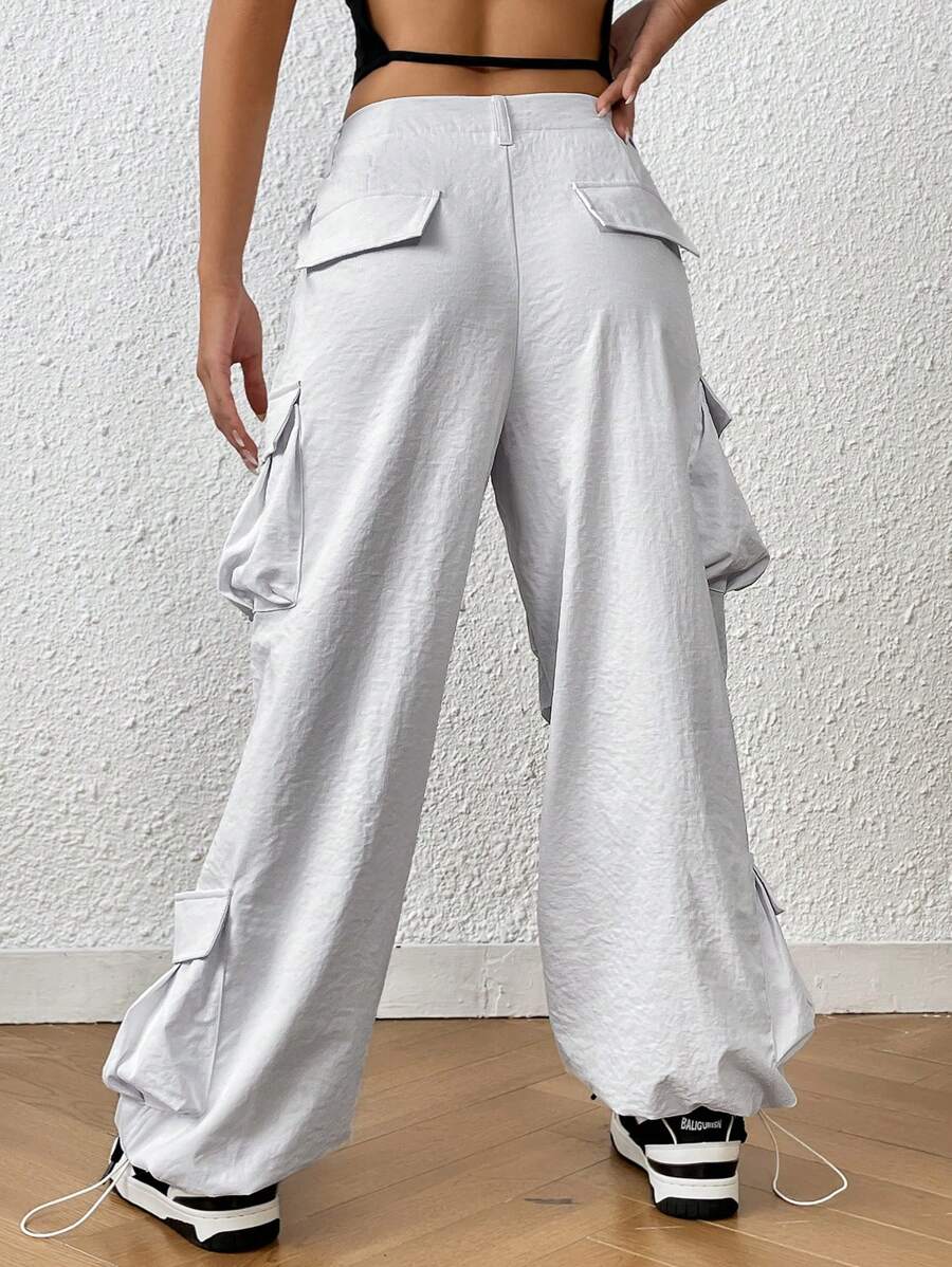 Trendy Solid Flap Side Pocket Cargo Pants – model wearing view