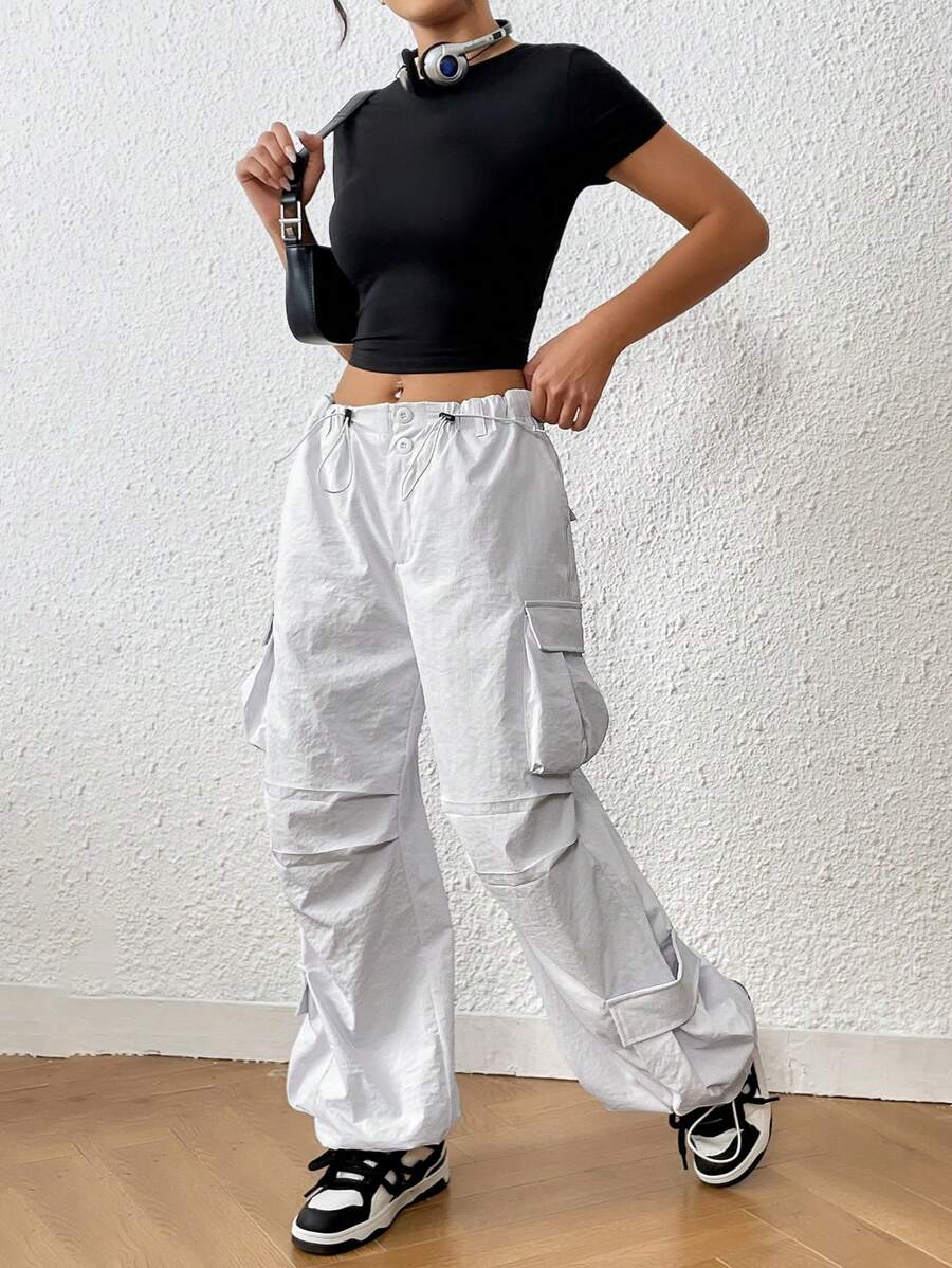 Trendy Solid Flap Side Pocket Cargo Pants – styled outfit view