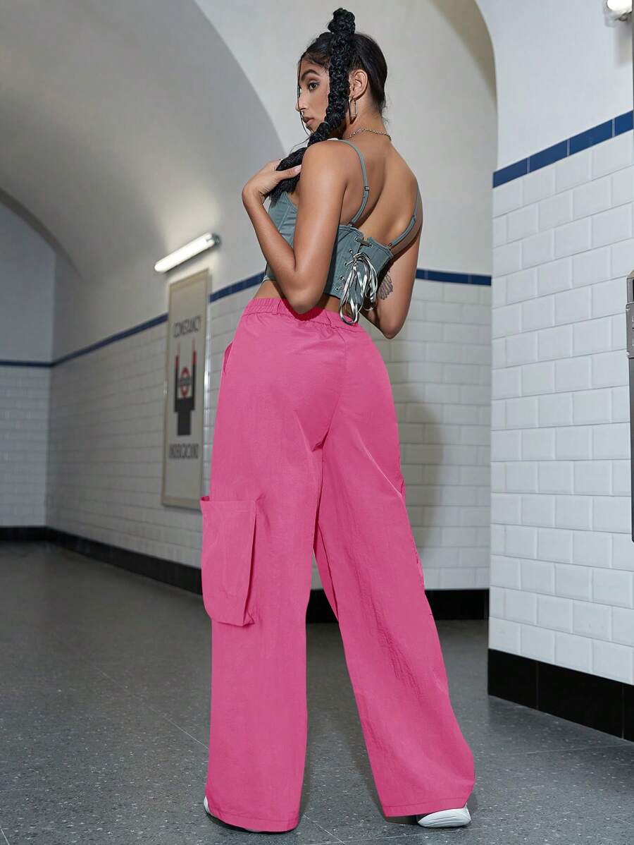 High Waist Drawstring Waist Wide Leg Cargo Pants – side profile view