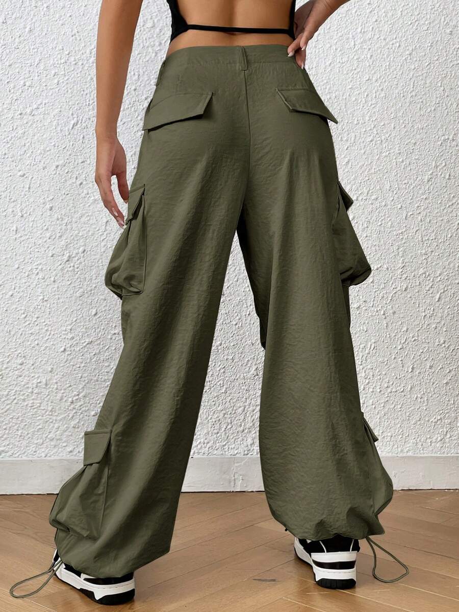 Trendy Solid Flap Side Pocket Cargo Pants – full length outfit view