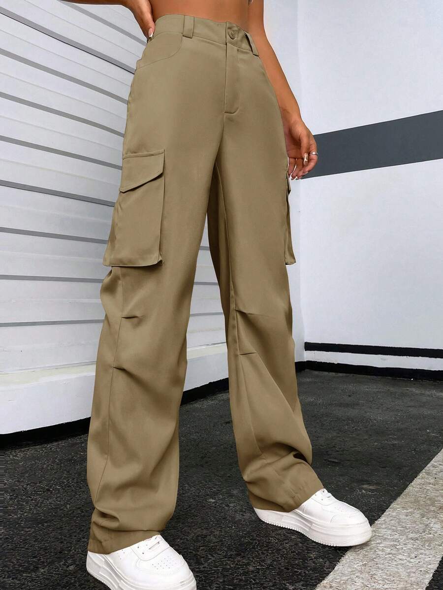 Solid Flap Pocket Side Cargo Pants – lifestyle view 41