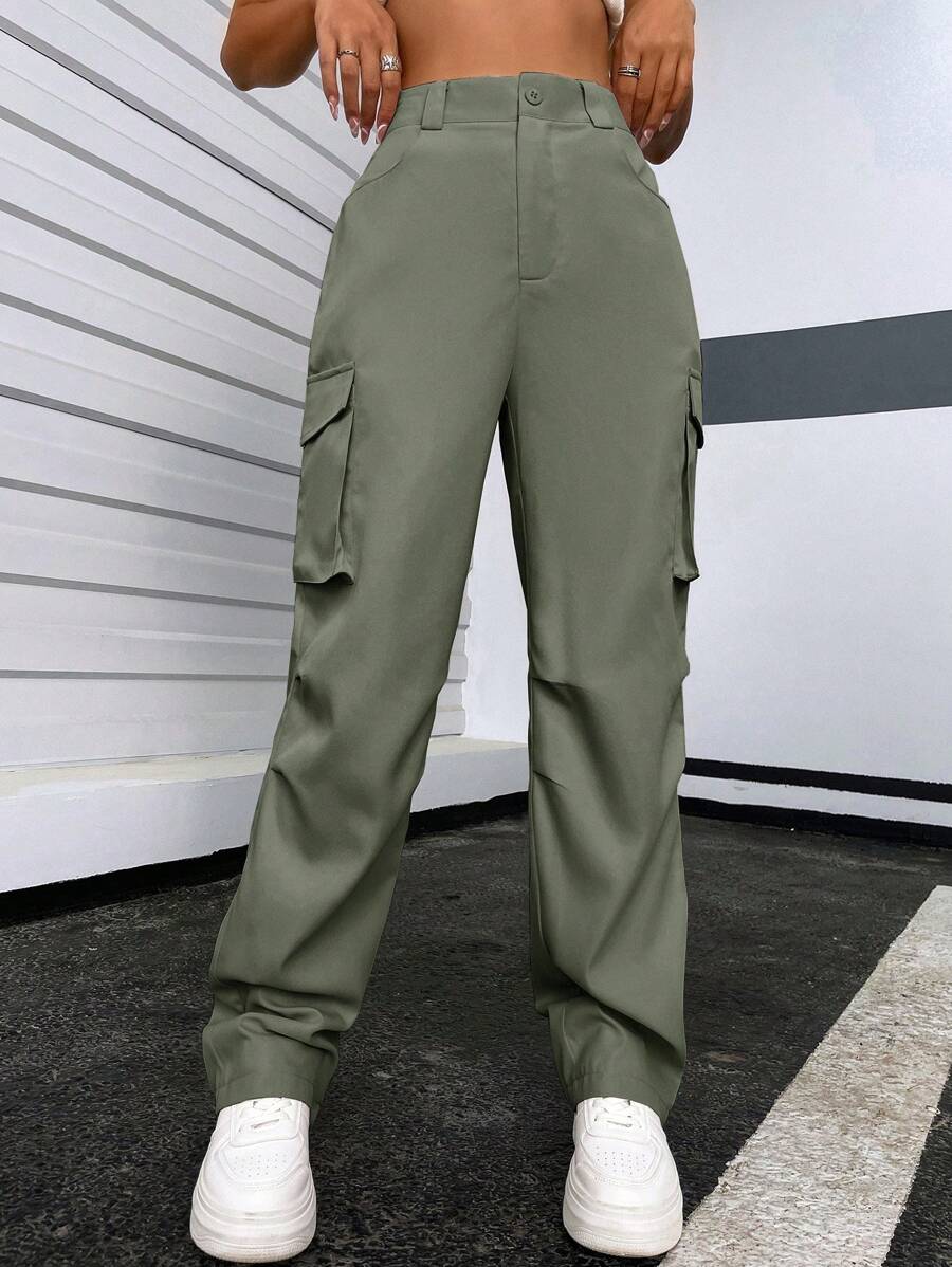 Solid Flap Pocket Side Cargo Pants – lifestyle view 33