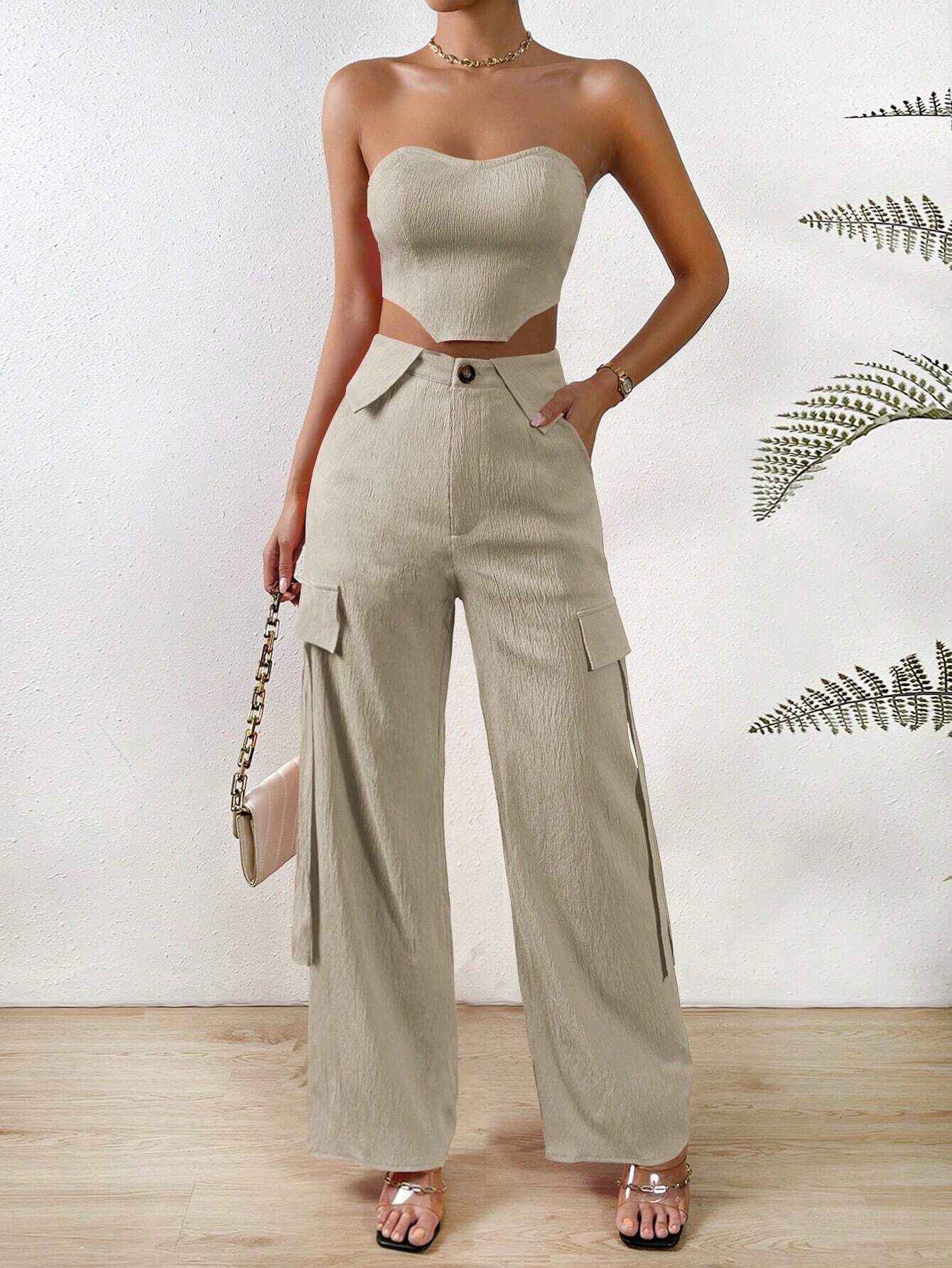 Solid Tube Top And Flap Pocket Side Cargo Pants – styled outfit view