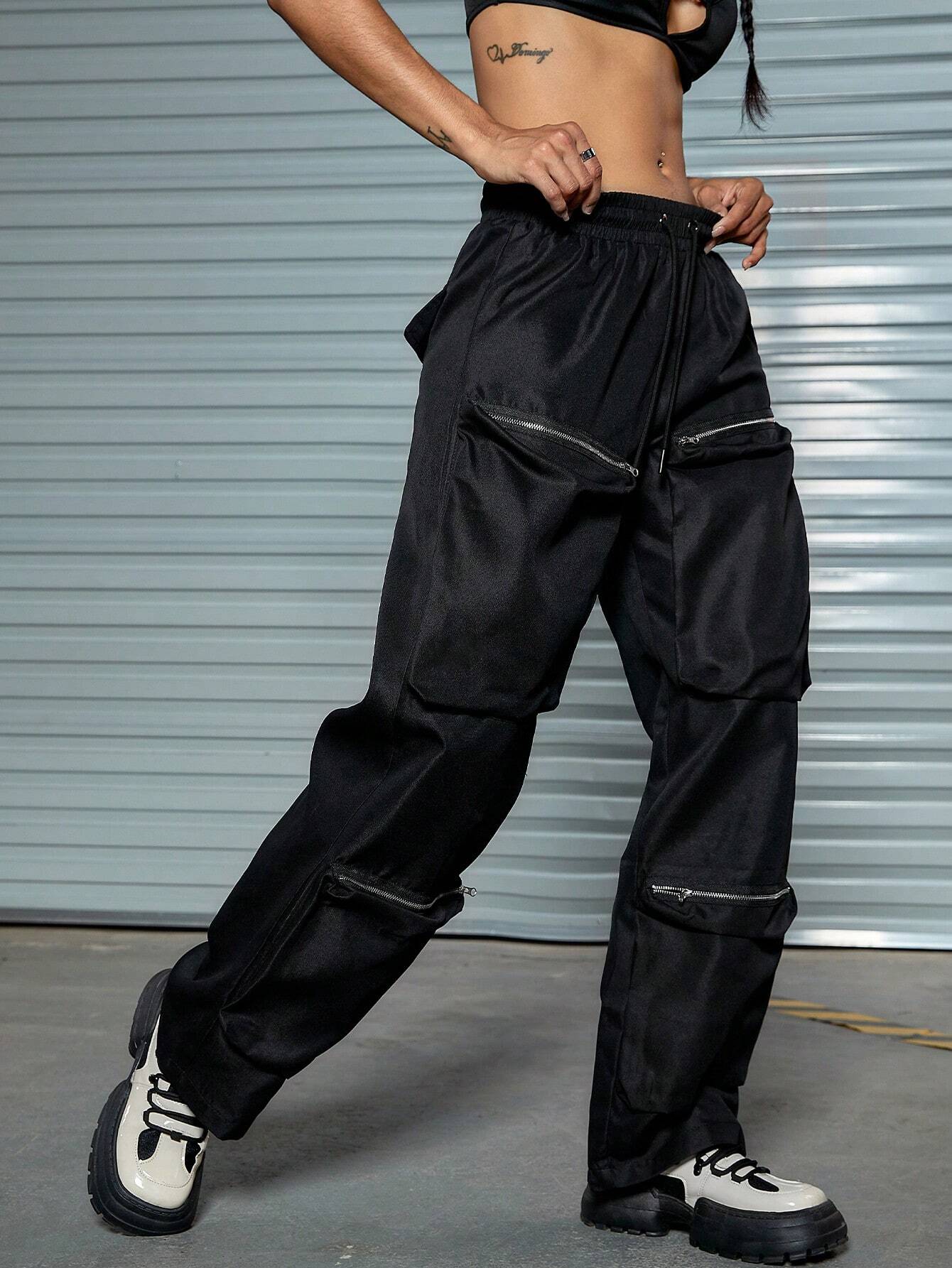 Street Solid Color Drawstring Waist Flap Zipper Pocket Cargo – back view detail