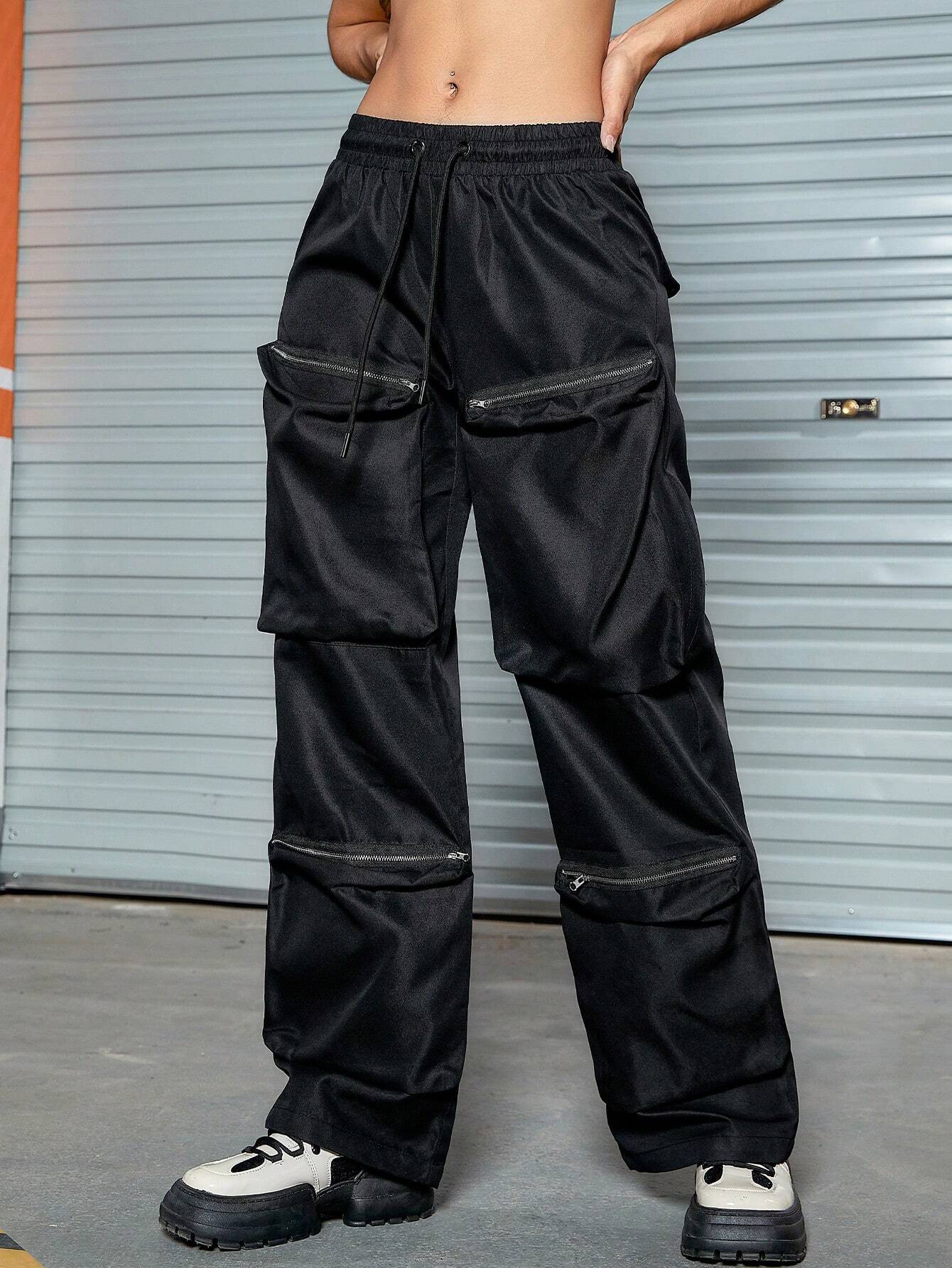 Street Solid Color Drawstring Waist Flap Zipper Pocket Cargo – waistband detail
