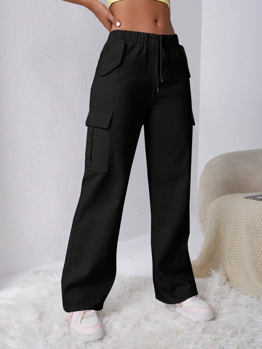 Drawstring Waist Flap Pocket Cargo Jeans in Green – side profile view