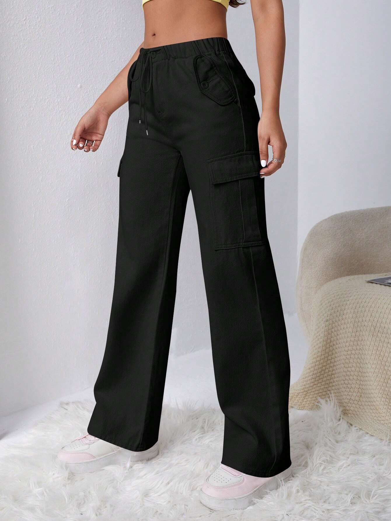 Long Length Regular Fit Denim Cargo Pants – full length outfit view
