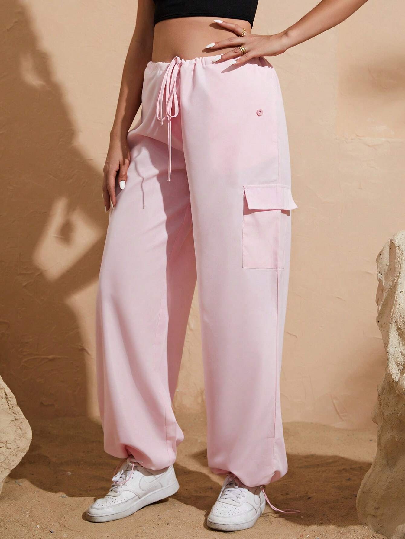 Plain Drop Waist Cargo Pant – full length outfit view