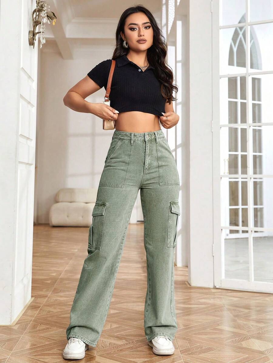 High Waisted Flap Side Pocket Cargo Jeans – lifestyle view 35