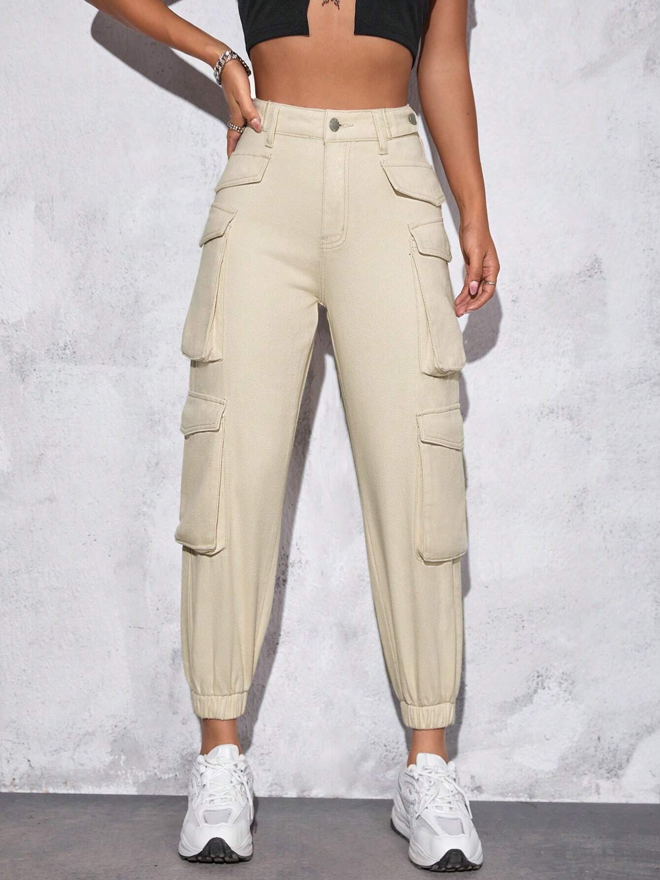 Plain Flap Pocket Cargo Jeans in Green #s-10 – model wearing view