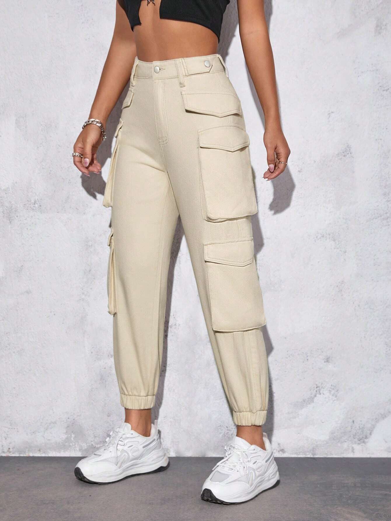 Plain Flap Pocket Cargo Jeans in Green #s-10 – fabric detail close-up